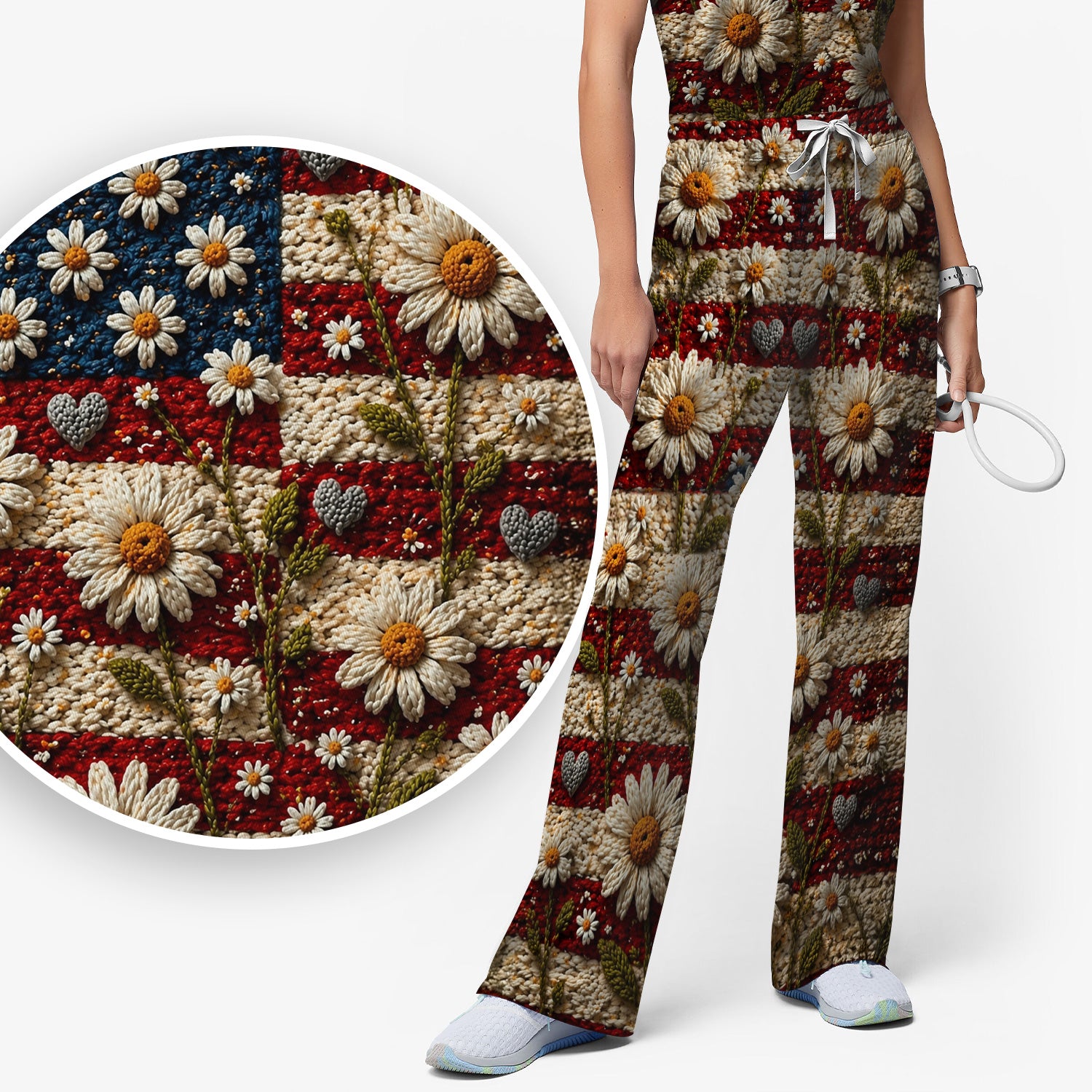 American Flag Daisy Floral Knit Texture Pattern Scrub Set, Scrub Pants and V Neck Top