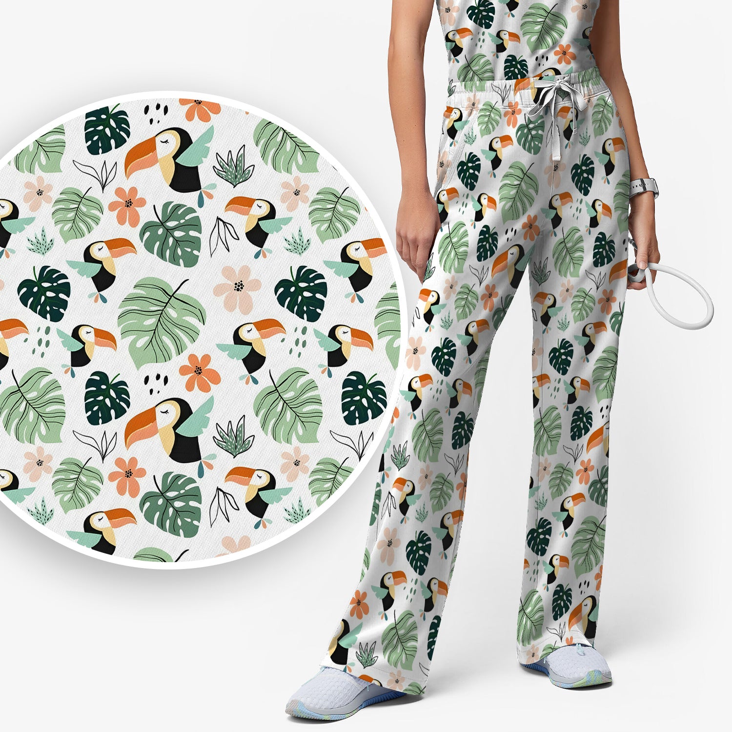 Tropical Toucan Leaf Floral Pattern Scrub Set, Scrub Pants and V Neck Top