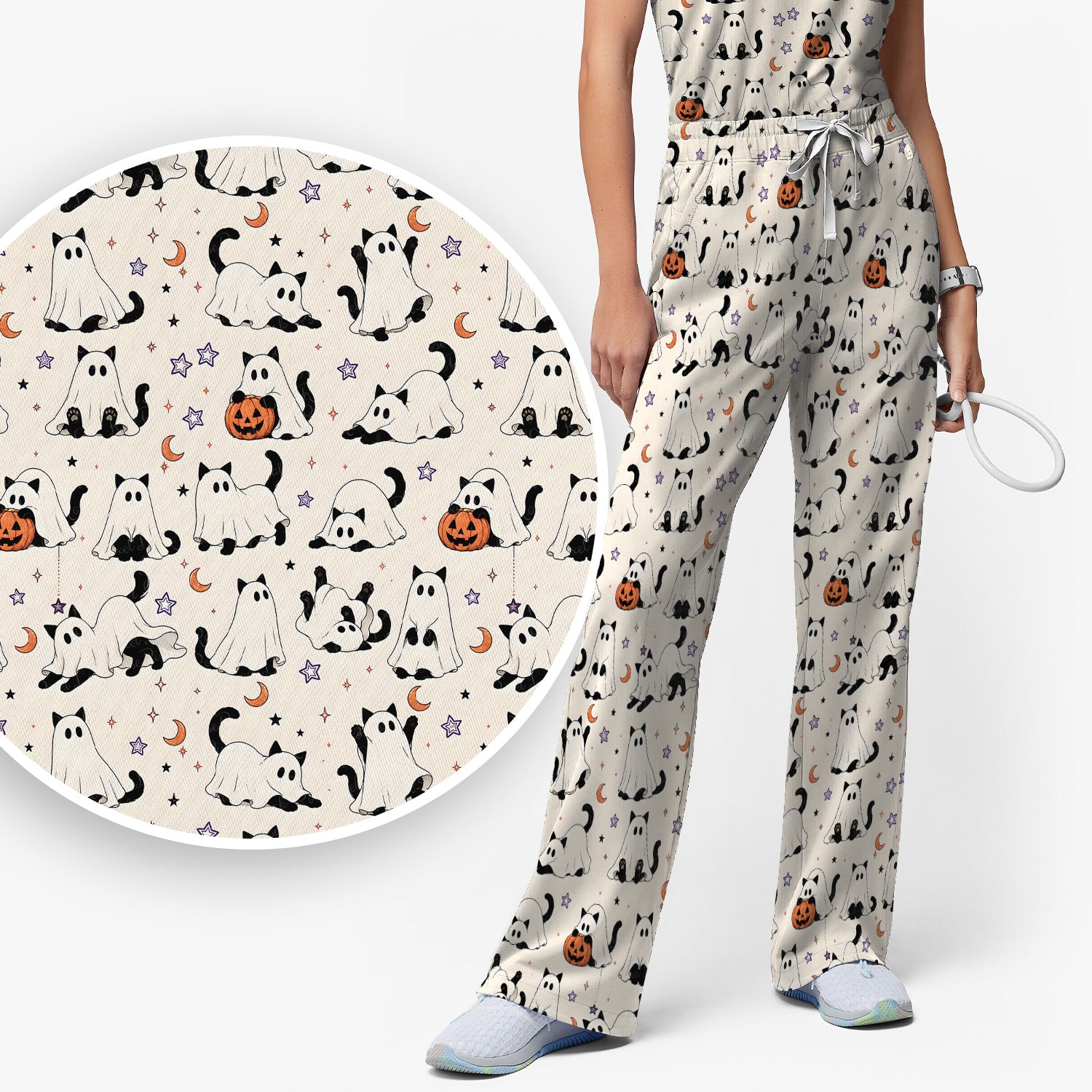 Halloween Ghost Cats And Pumpkins Scrub Set, Scrub Pants and V Neck Top