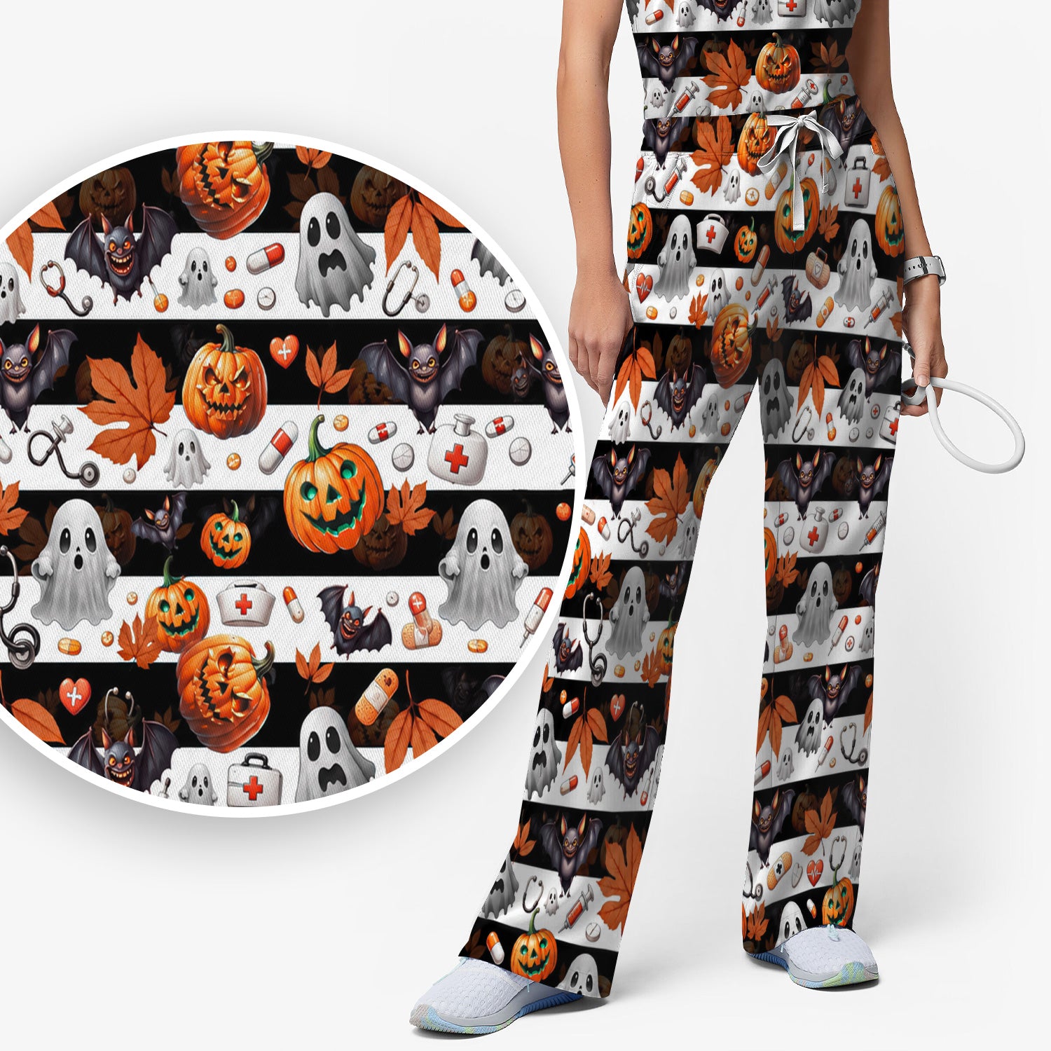 Halloween Ghost And Medical Icons Scrub Set, Scrub Pants and V Neck Top