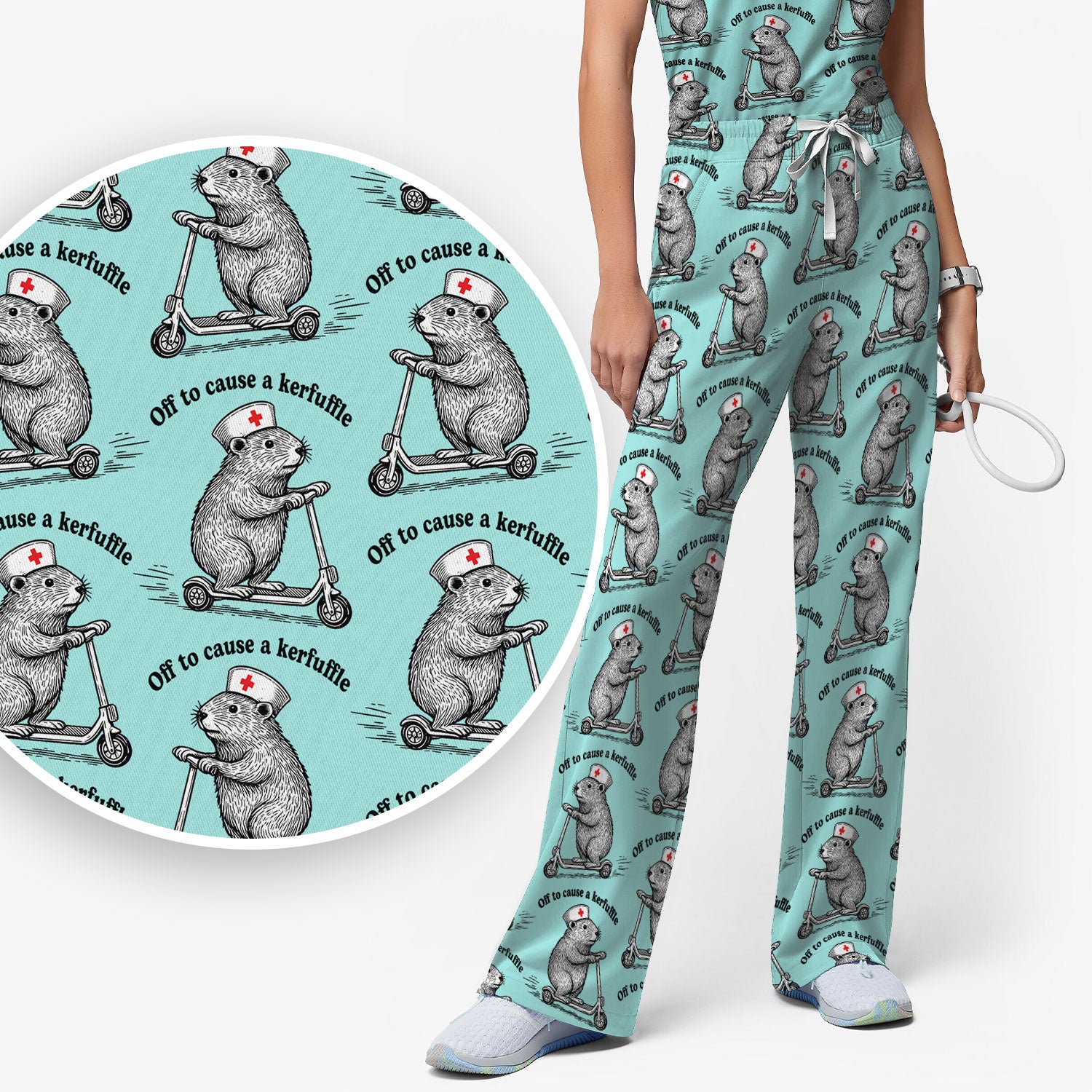 Funny Nurse Mouse Scooter Print Women's Scrub Set, Scrub Pants and V Neck Top