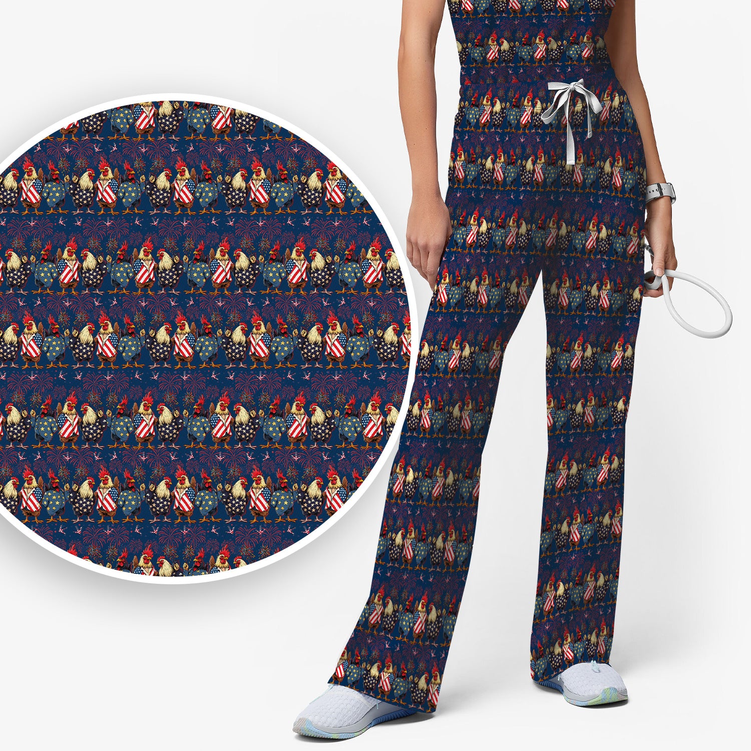 Patriotic Rooster Fireworks Pattern Scrub Set, Scrub Pants and V Neck Top