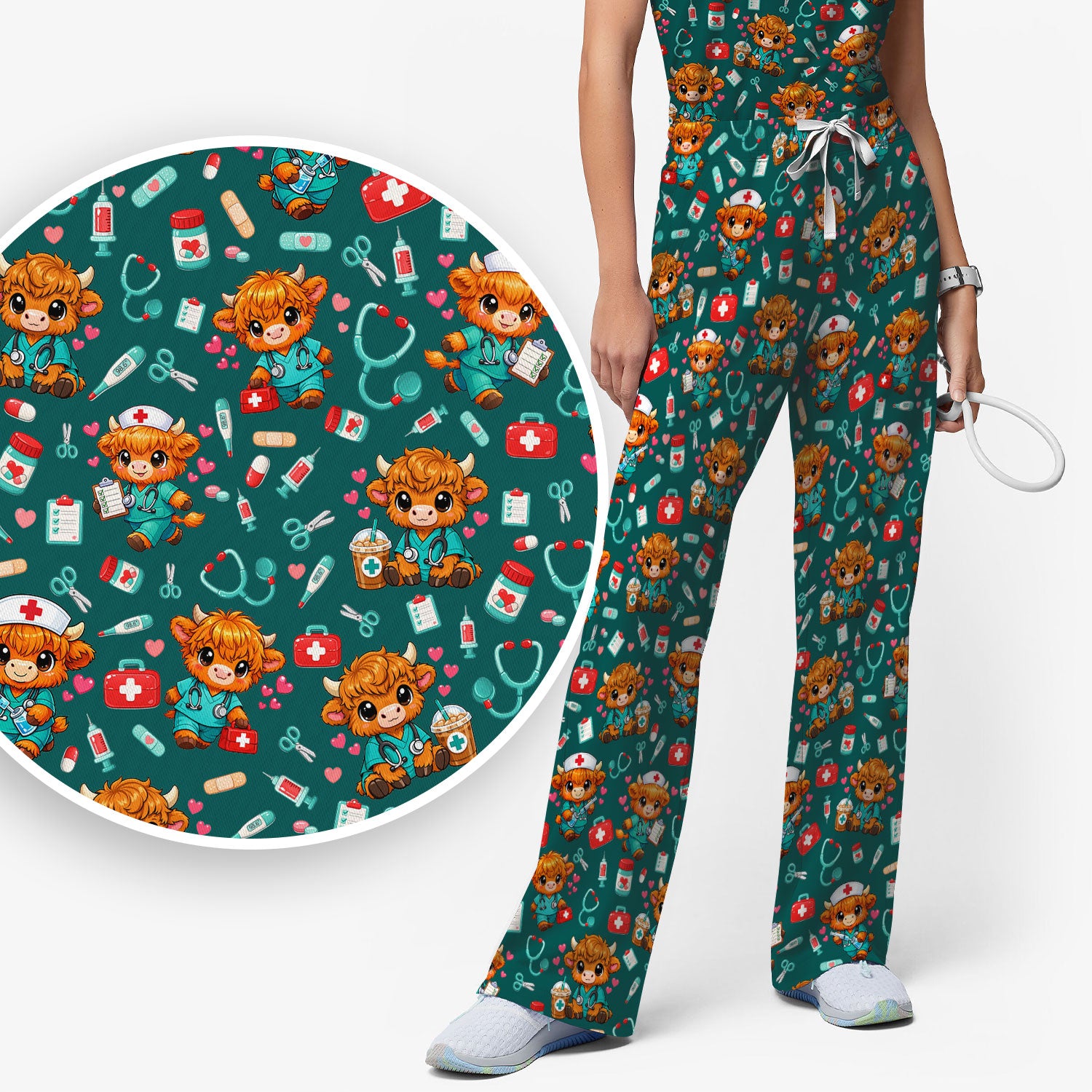 Cute Highland Cow Nurse Scrub Set, Kawaii Medical Pattern Shirt, Breathable Fabrics Nursing Uniform