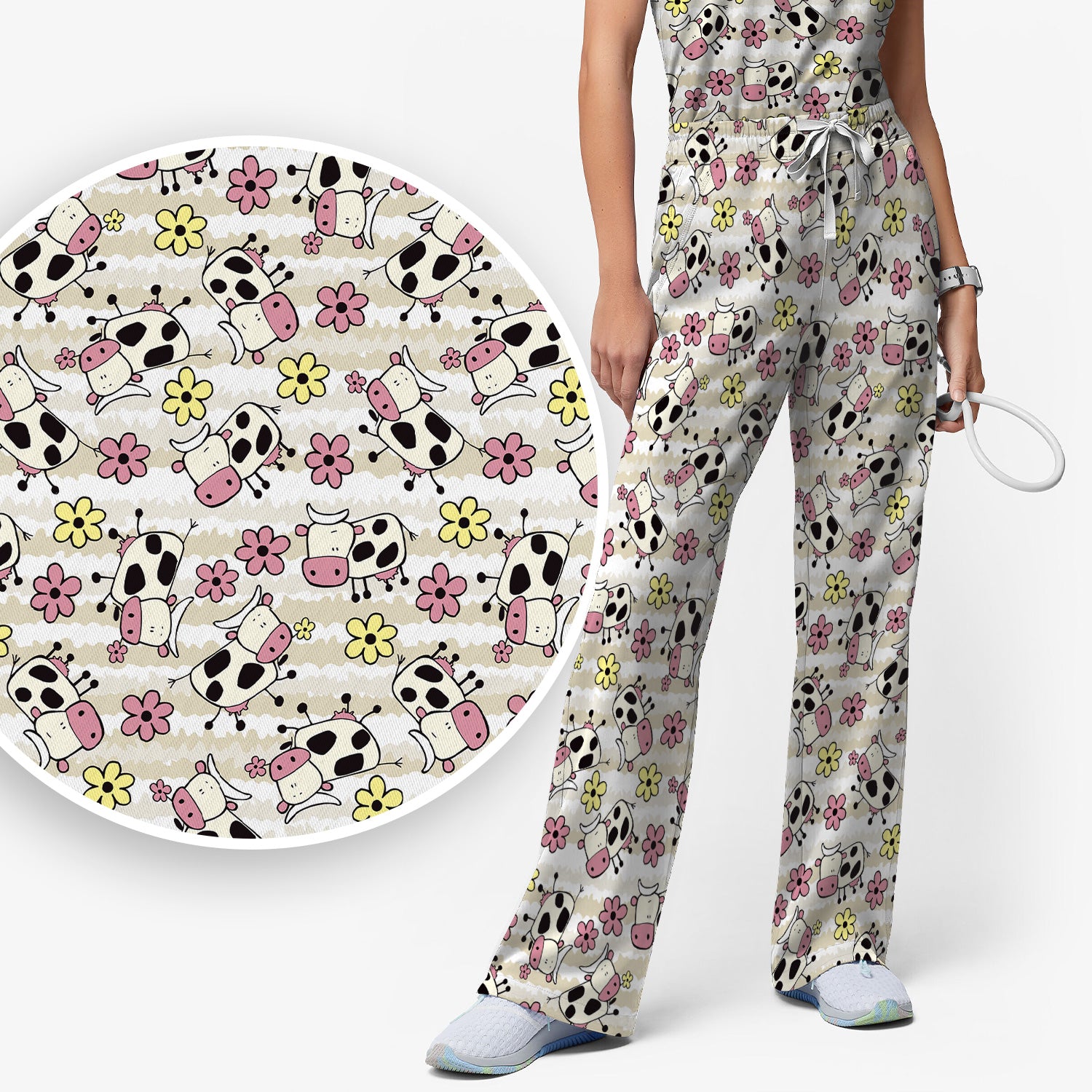 Cute Cartoon Cow Flower Meadow Pattern Nurse Scrub Set, Scrub Pants and V Neck Top