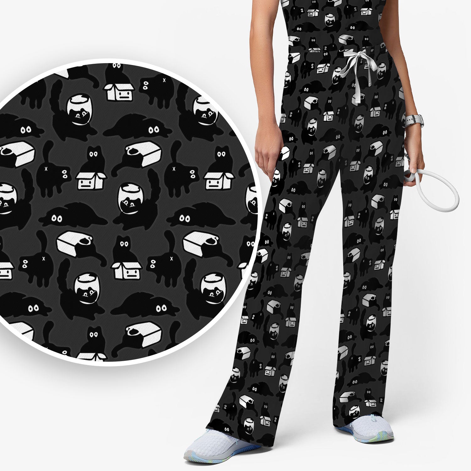 Dark Playful Cat Cartoon Pattern Scrub Set, Breathable Med Uniform