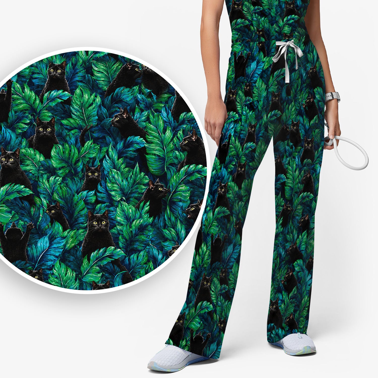Black Cat Tropical Jungle Leaves Pattern Scrub Set, Scrub Pants and V Neck Top