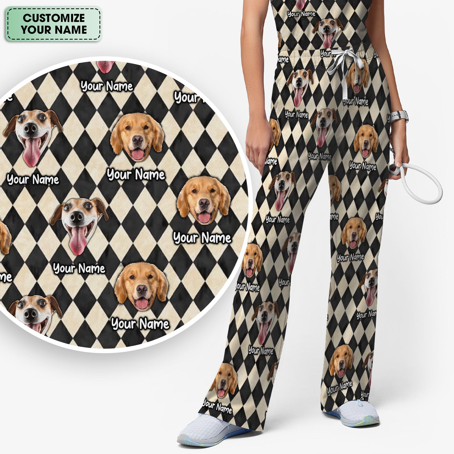 Personalized Pet Portrait Argyle Scrub Set, Scrub Pants and V Neck Top