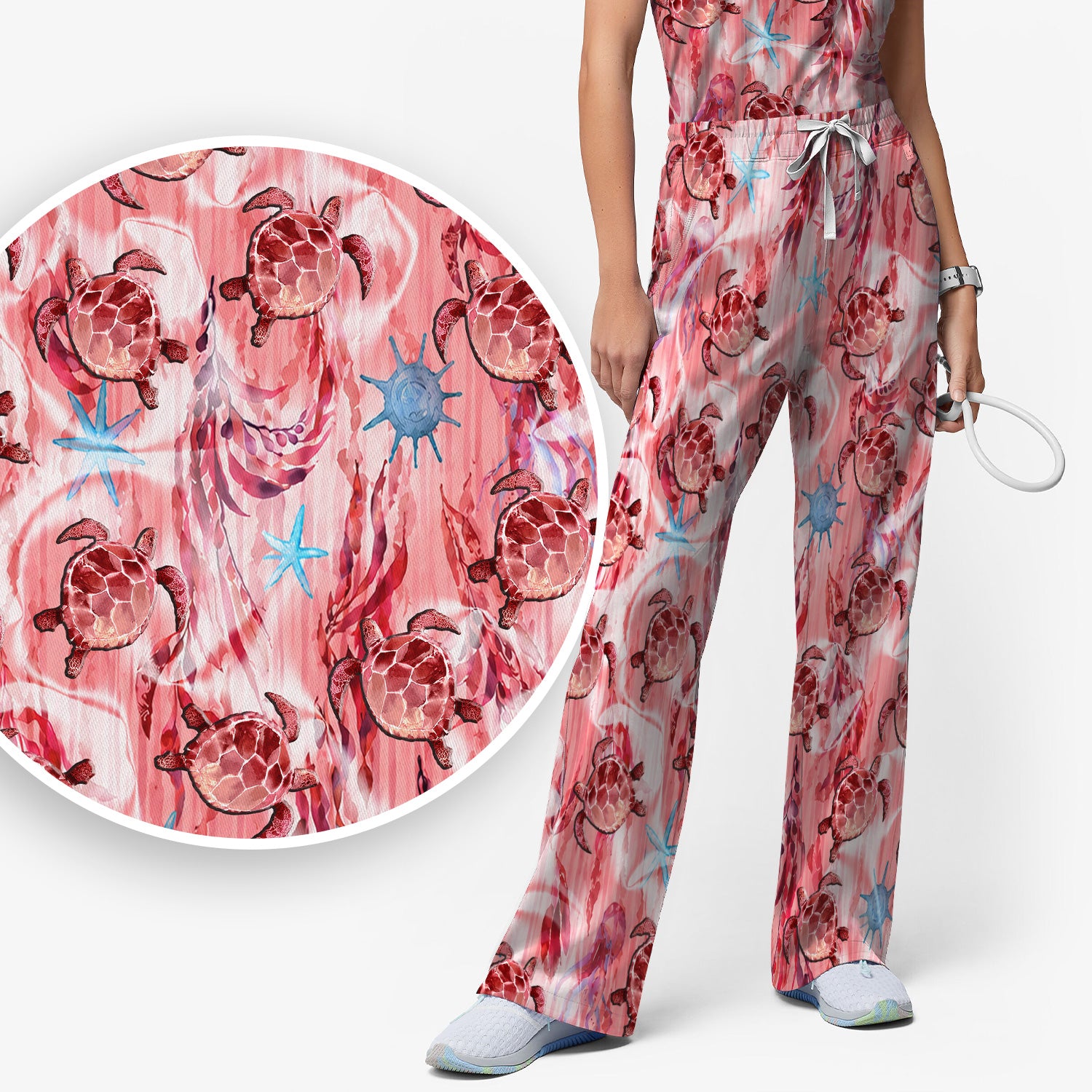 Pink Sea Turtle Ocean Pattern Scrub Set, Scrub Pants and V Neck Top