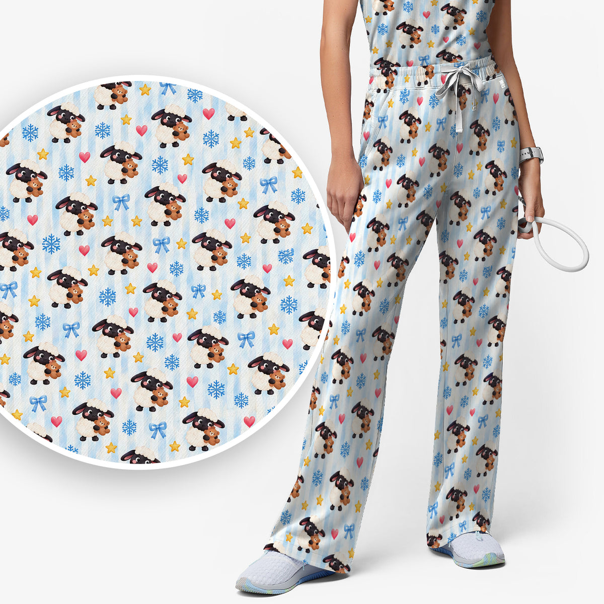 Cute Winter Lambs Holding Teddy Bears Scrub Set, Scrub Pants and V Neck Top