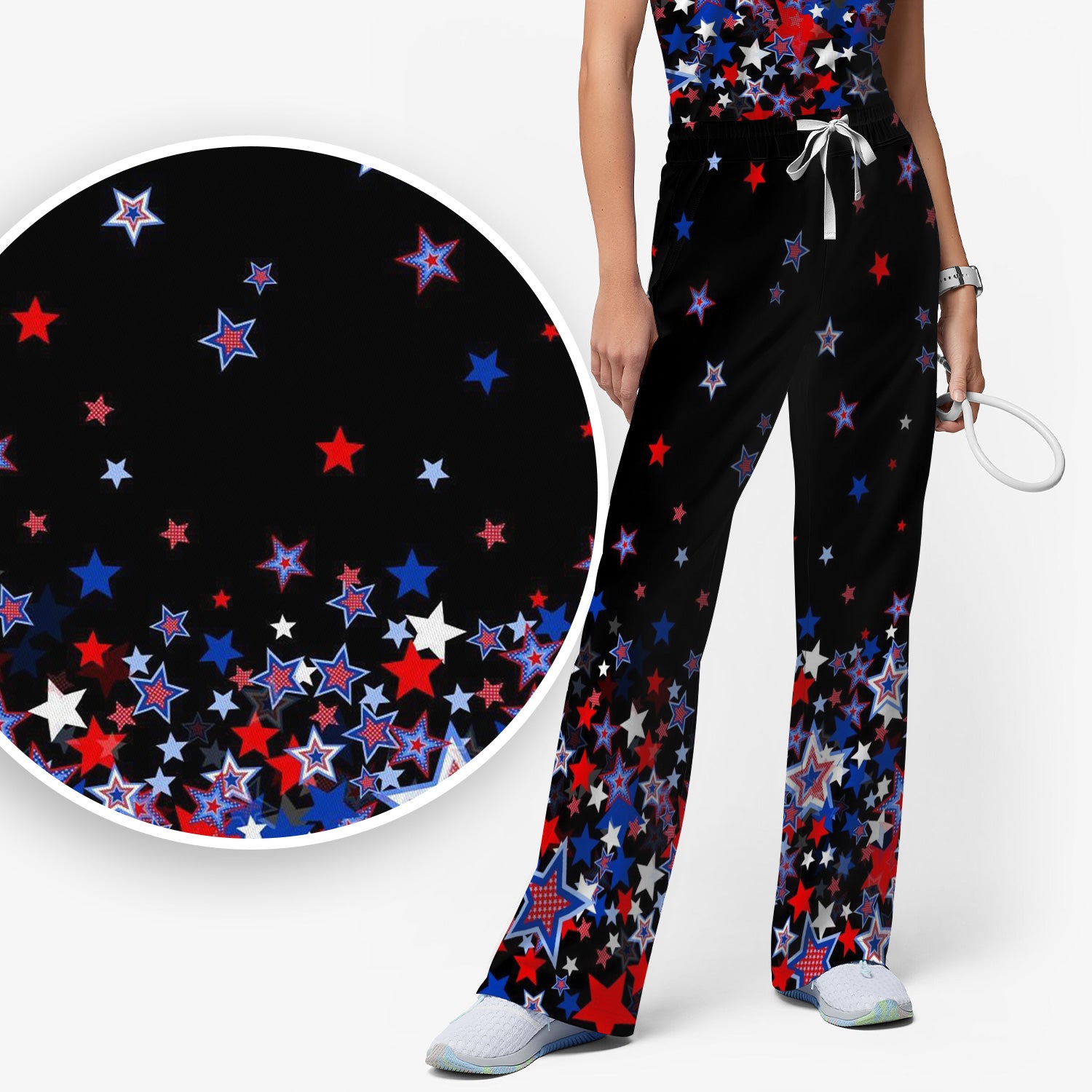 Festive Patriotic Red Blue Star Pattern Scrub Set, Scrub Pants and V Neck Top