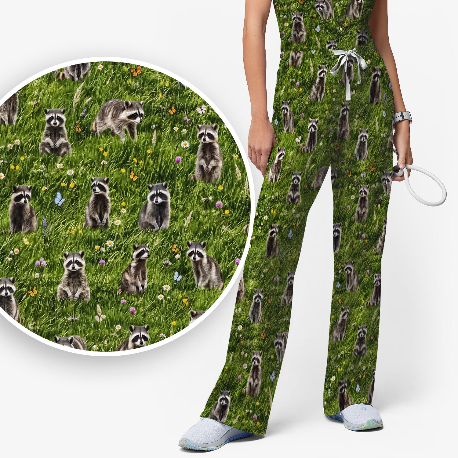 Raccoon Meadow Print Scrub Set, Scrub Pants and V Neck Top