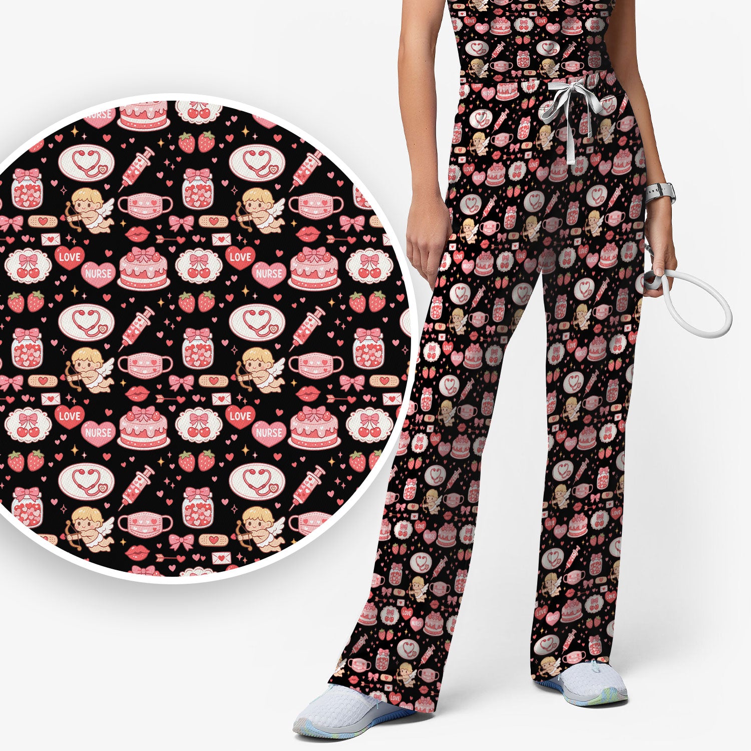 Cupid Nurse Scrub Set, Cute Love Medical Pattern Shirt For Valentine, Breathable Fabrics Nursing Uniform