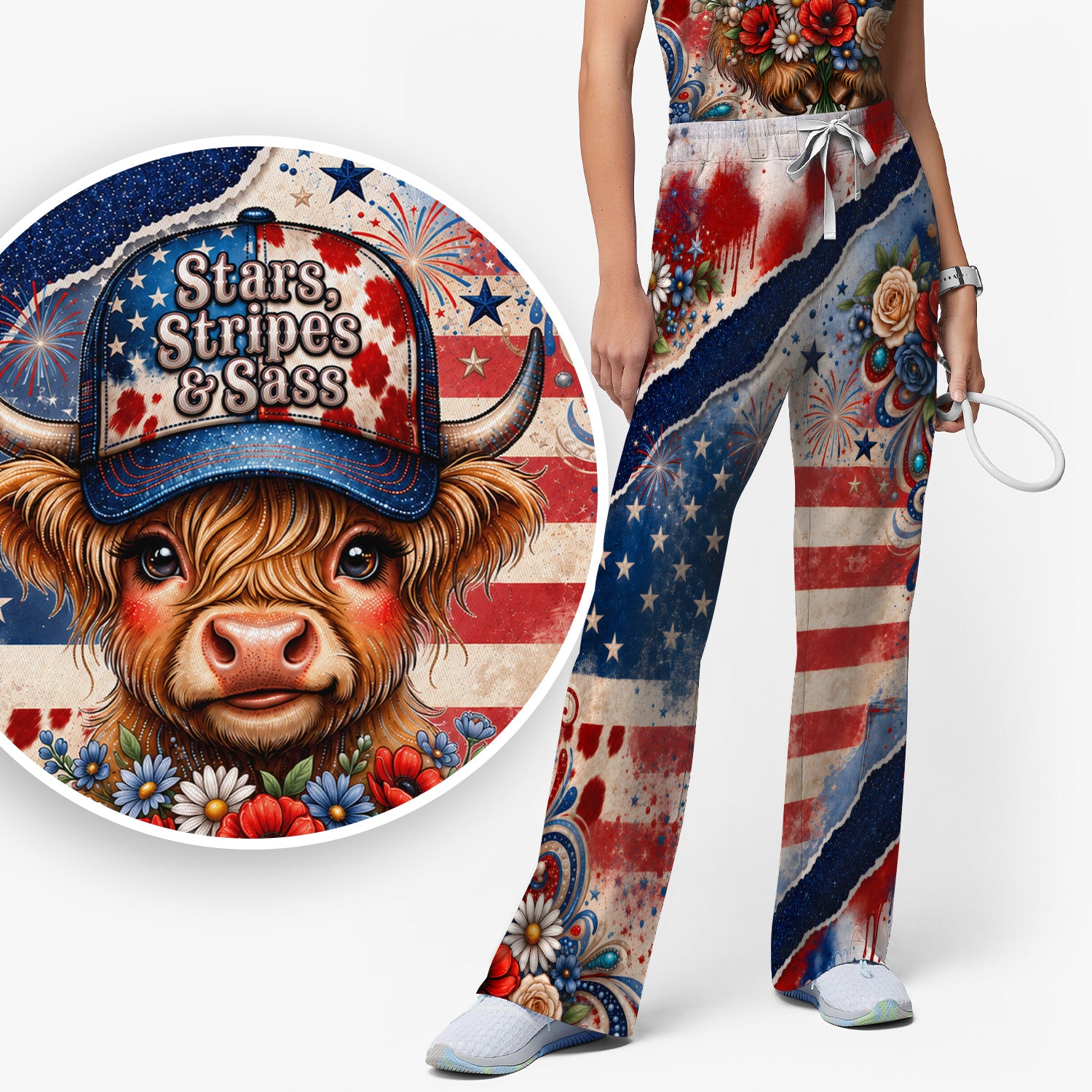 Patriotic Highland Cow Pattern, Healthcare Workers Scrub Set, Scrub Pants and V Neck Top