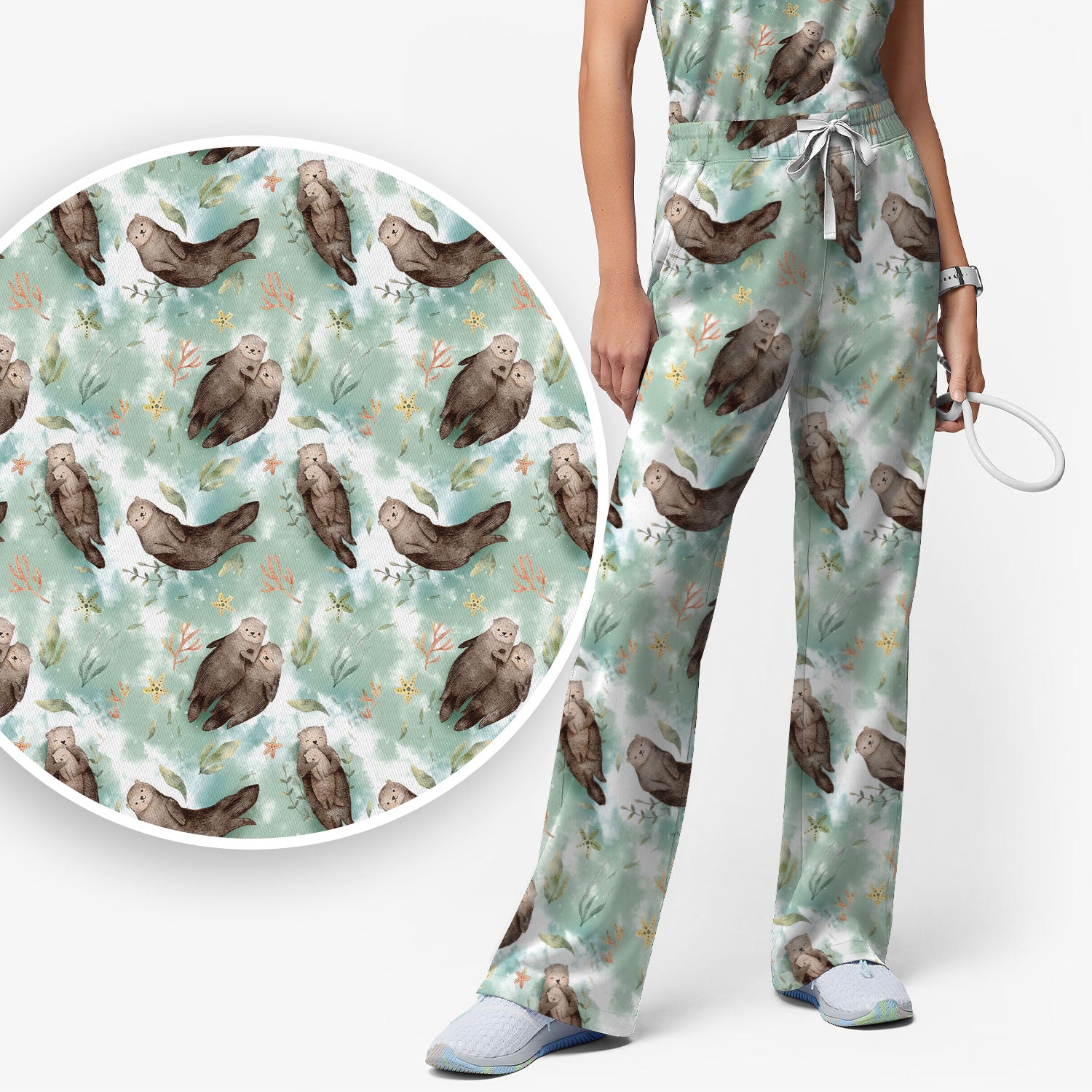 Cute Sea Otter Watercolor Print Scrub Set, Scrub Pants and V Neck Top