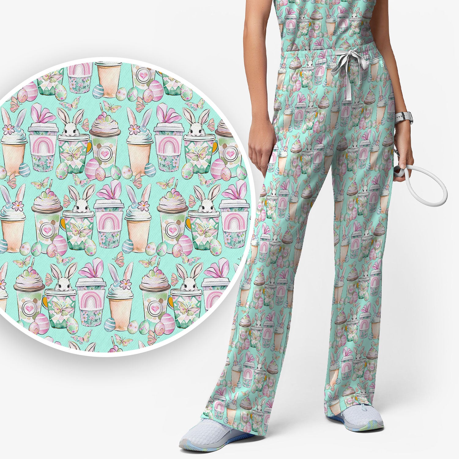 Cute Easter Bunny Coffee Cup Pattern Scrub Sets, Scrub Pants and V Neck Top