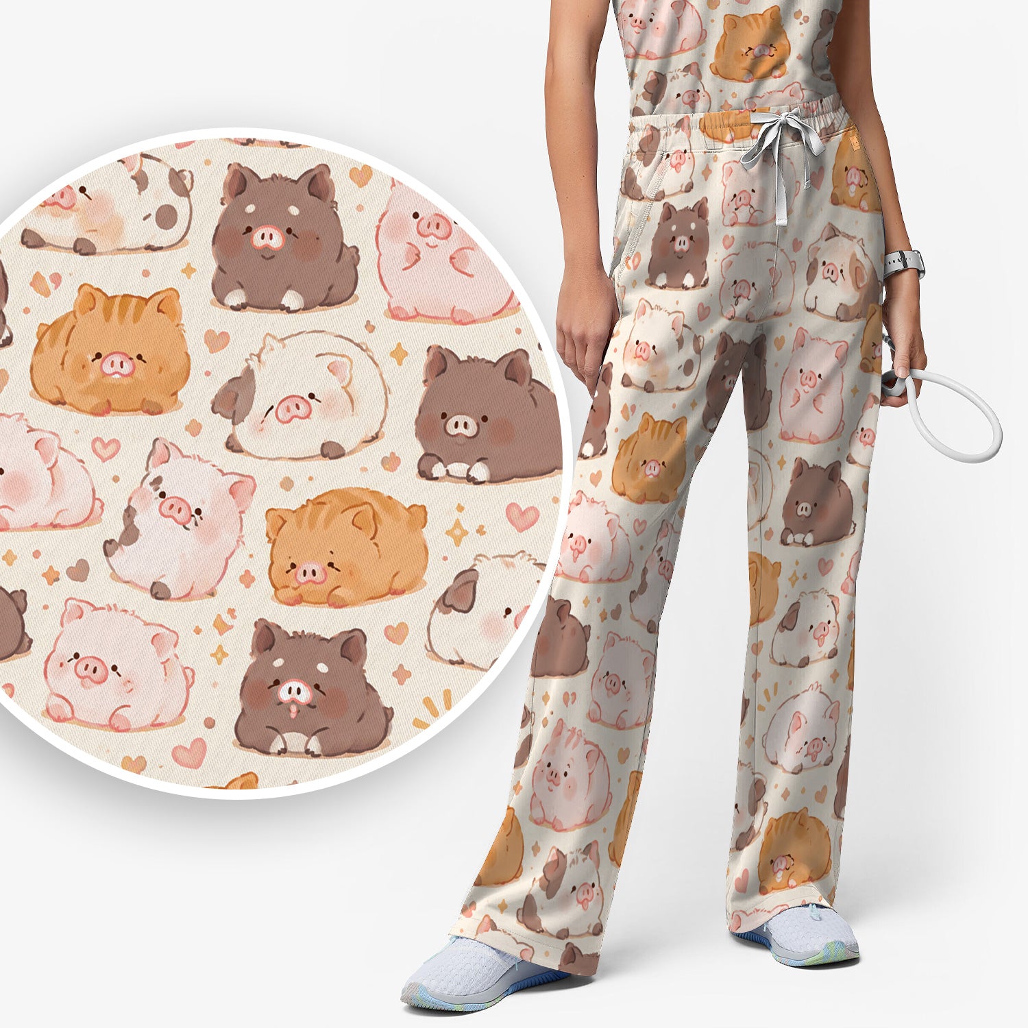 Cute Chubby Pig Nurse Print Scrub Set, Scrub Pants and V Neck Top