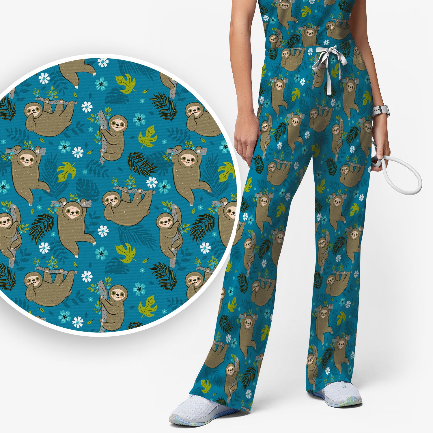 Jungle Tropical Sloth Pattern Scrub Set, Scrub Pants and V Neck Top