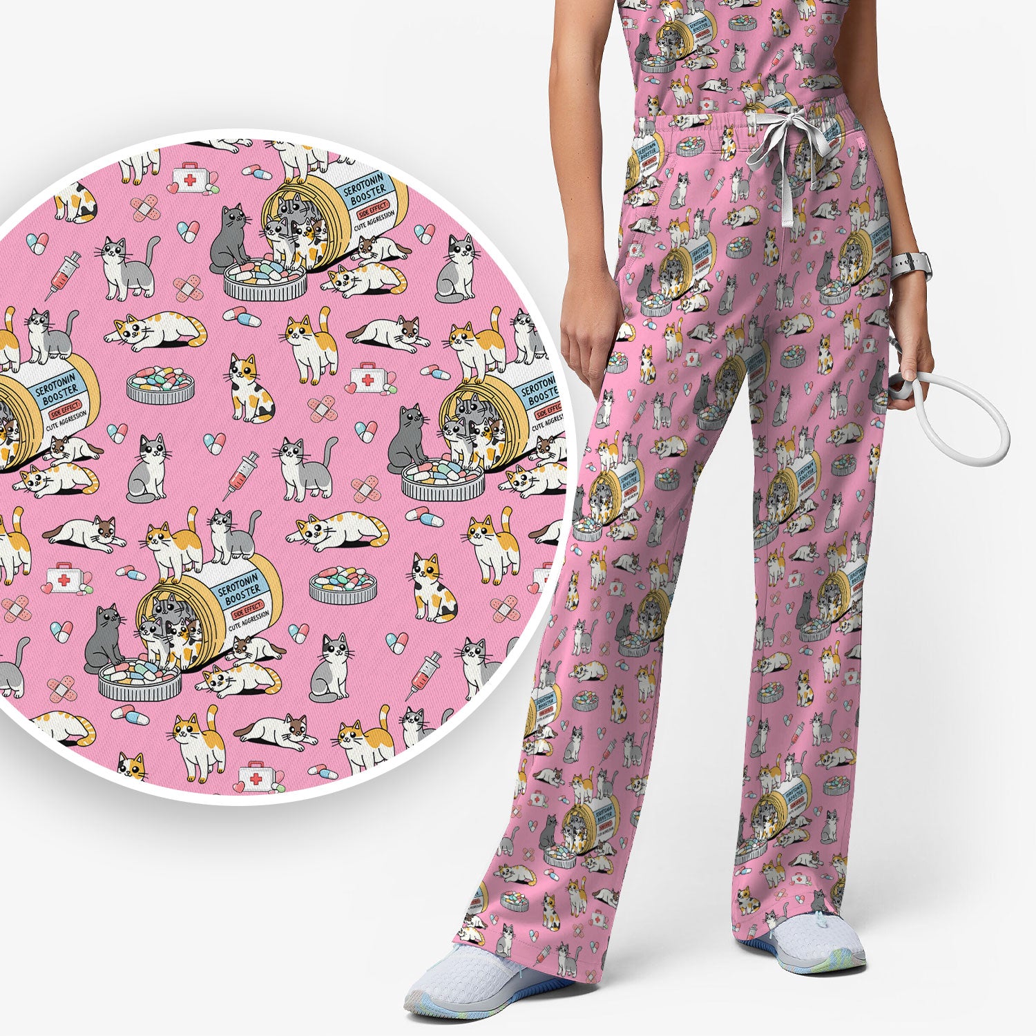 Cute Cat Serotonin Booster Pattern Women's Scrub Set, Breathable Med Uniform