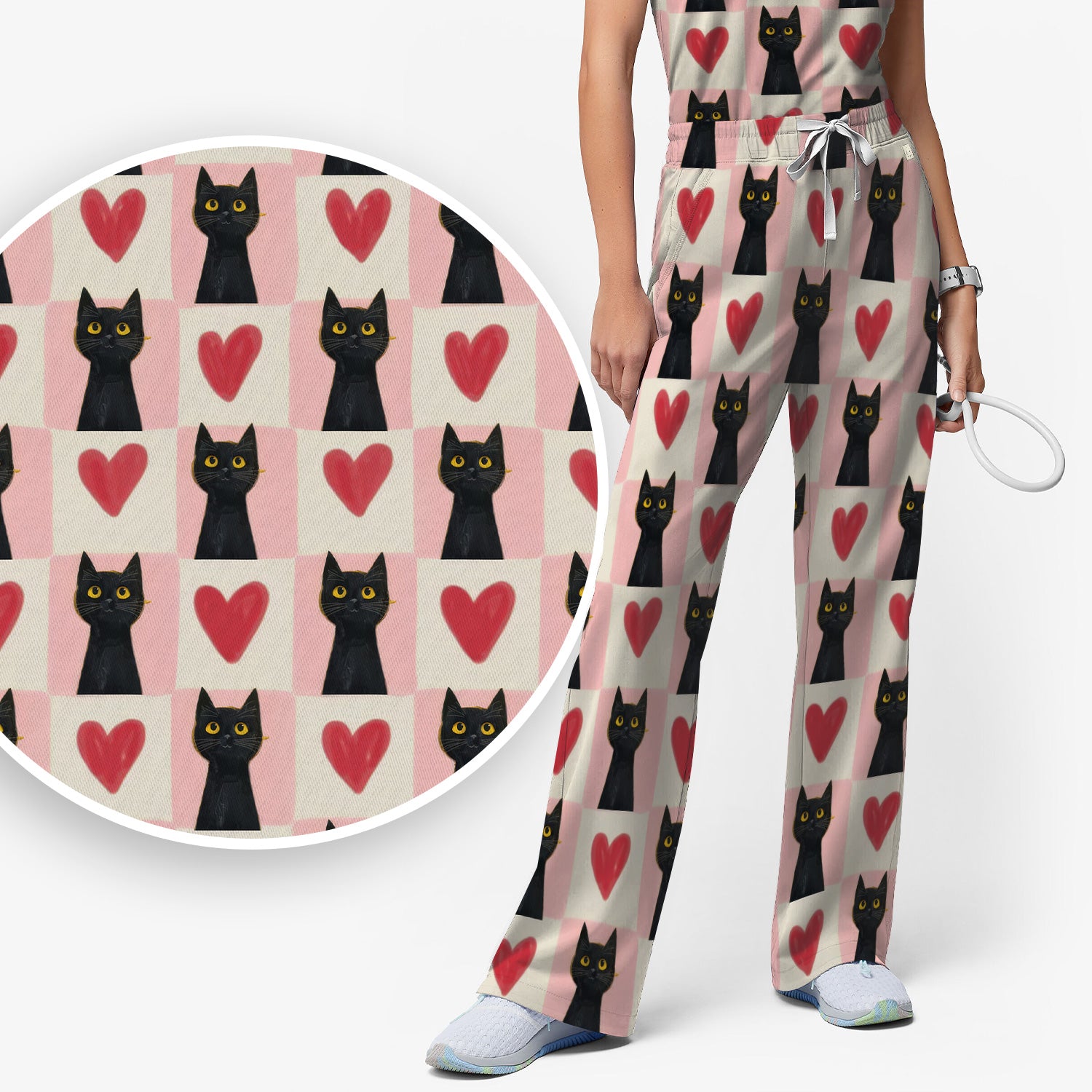 Cute Black Cat Heart Print Medical Scrub Set V Neck, Nursing Uniform