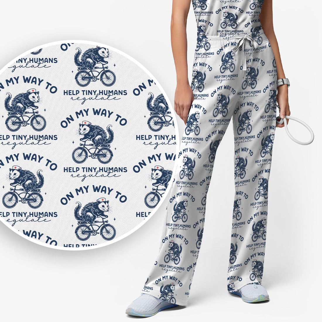 Featuring Biking Opossum With Funny Quote Print Set, Women's Scrub Sets