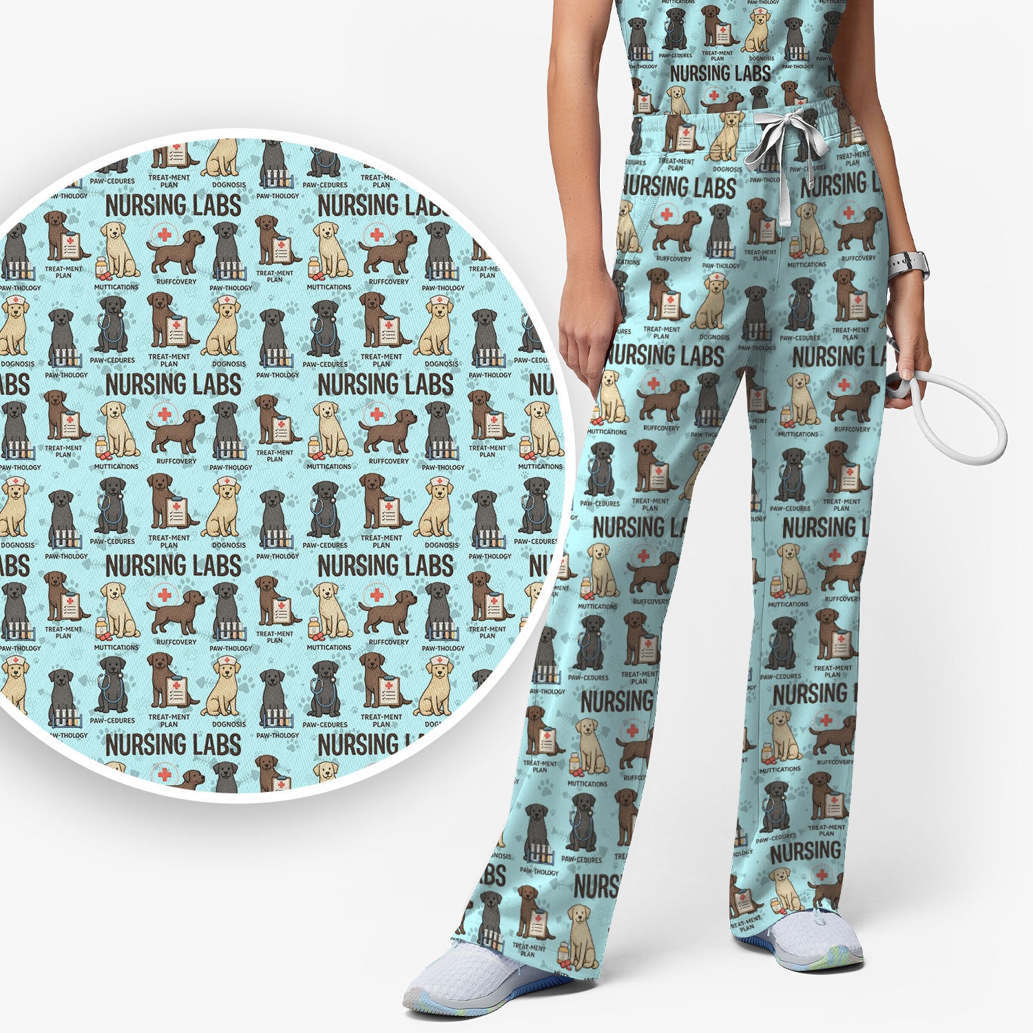Playful Nursing Labs Dog Pattern Scrub Set, Nurse Uniform Scrubs Set