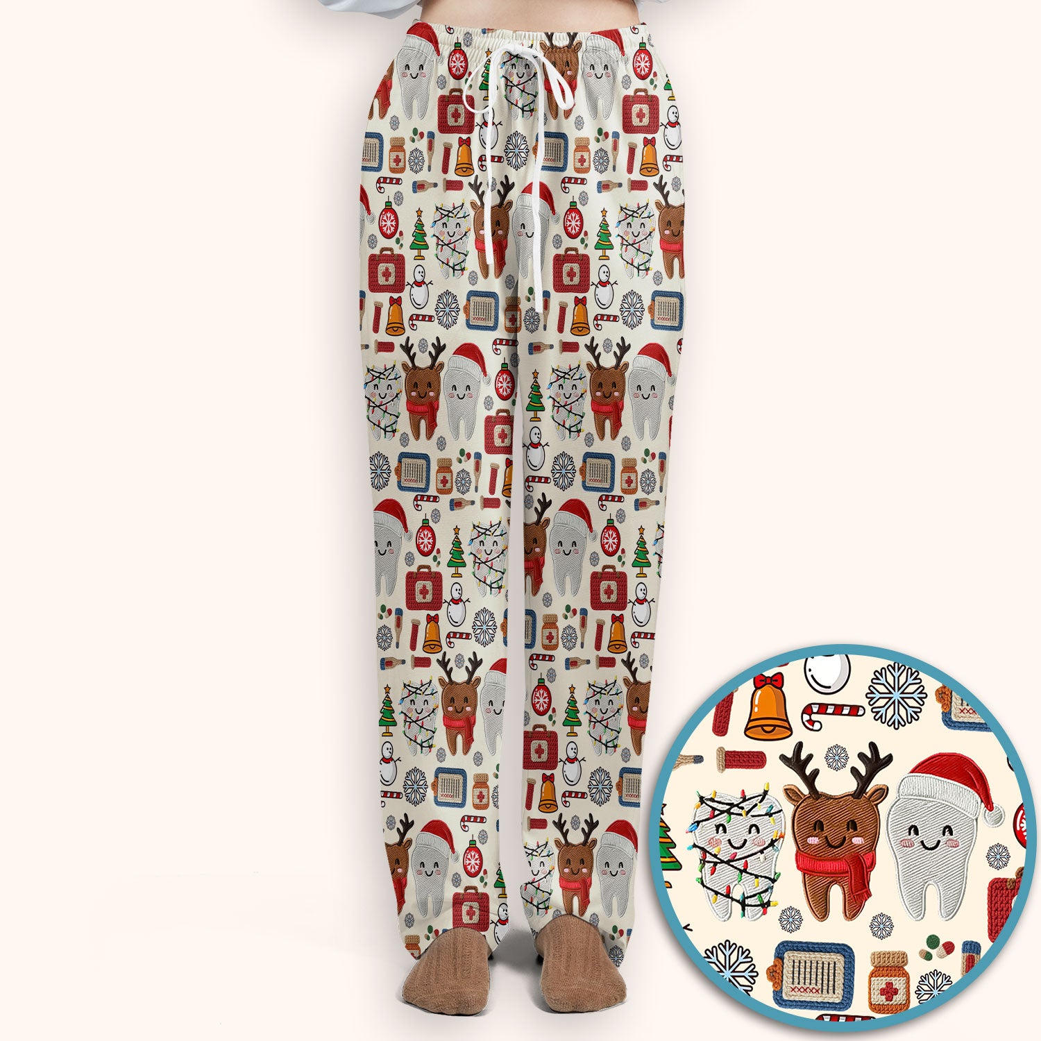 Christmas Dental Scrub Set - Cute Santa & Reindeer Tooth Pants and V Neck Top - Funny Gift for Dentists, Hygienists, Nurses