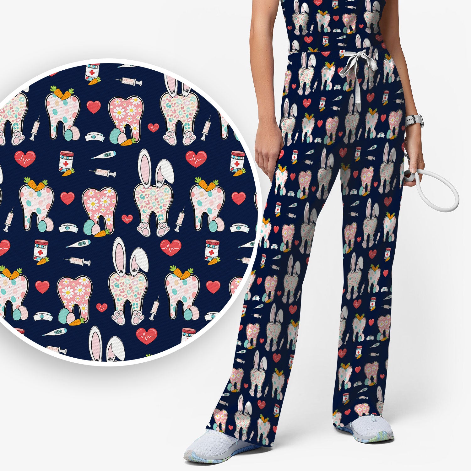 Playful Bunny Dentist Illustration Medical Set, Scrub Pants and V Neck Top