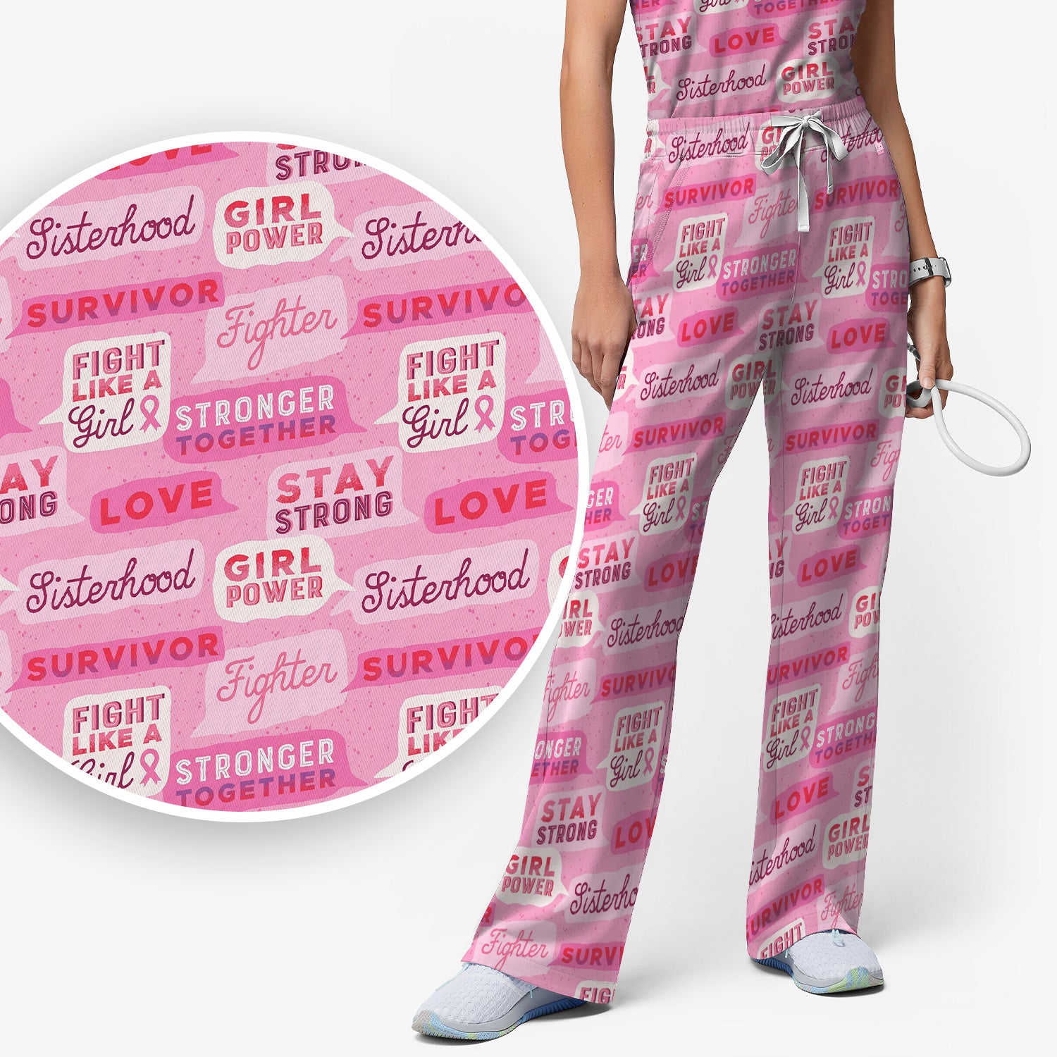 Pink Ribbon Quotes Scrub Set, Scrub Pants and V Neck Top