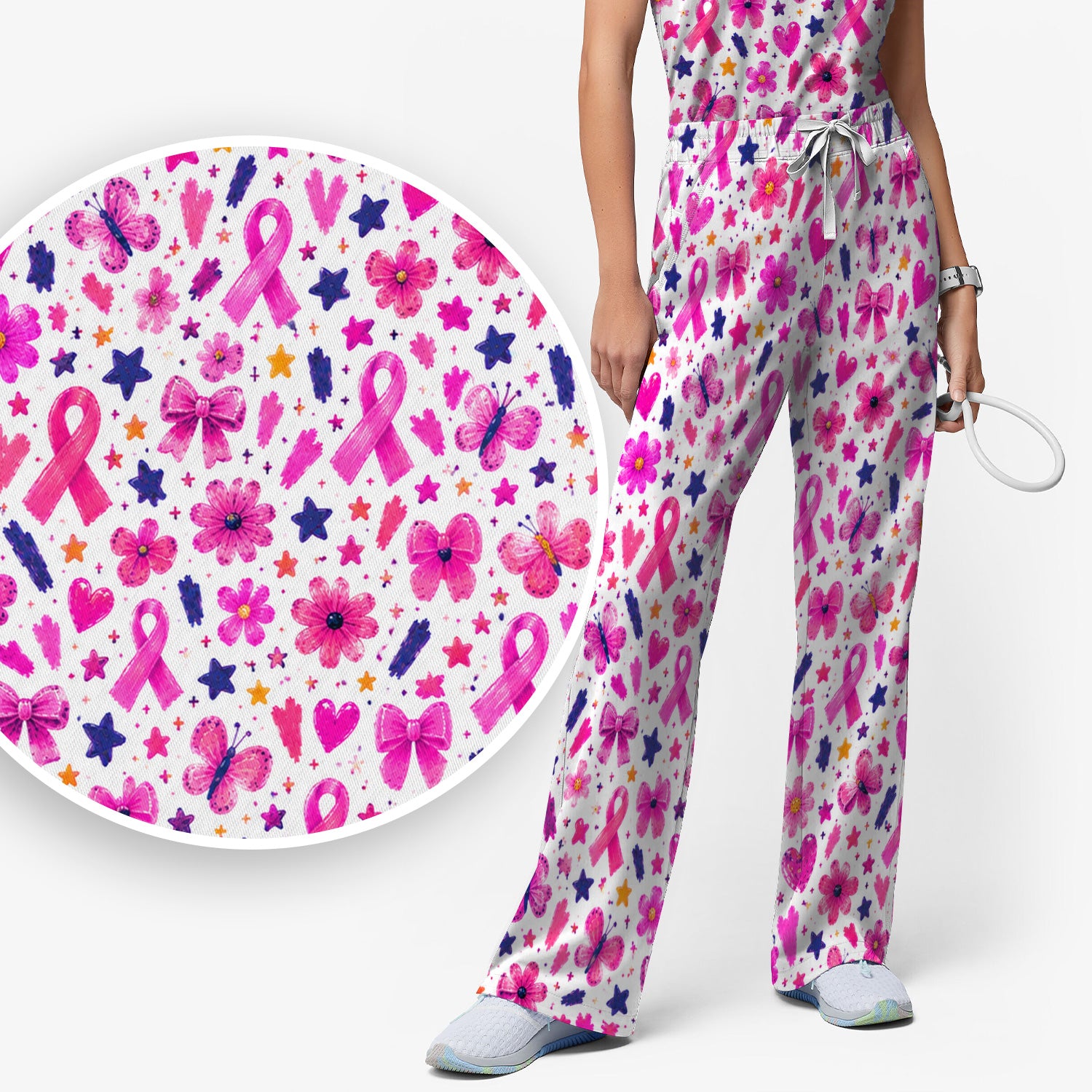 Pink Ribbon Floral Pattern Scrub Set, Scrub Pants and V Neck Top