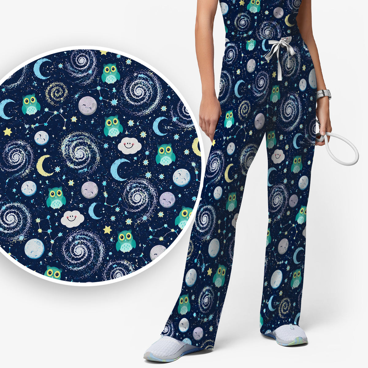 Cute Night Owl Galaxy Pattern Scrub Set, Scrub Pants and V Neck Top