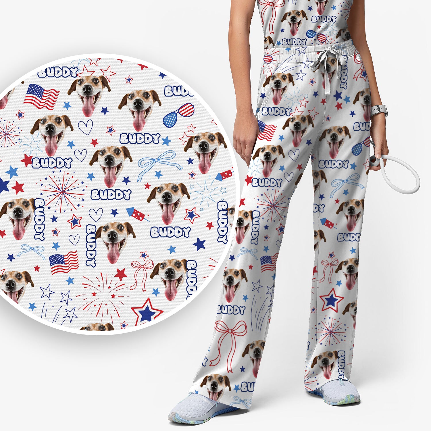 Personalized Patriotic Dog Face Name Pattern Scrub Set, Scrub Pants and V Neck Top