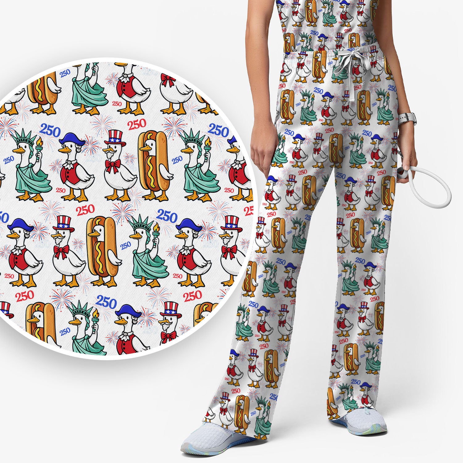Patriotic Duck Independence Day Pattern Scrub Set, Scrub Pants and V Neck Top