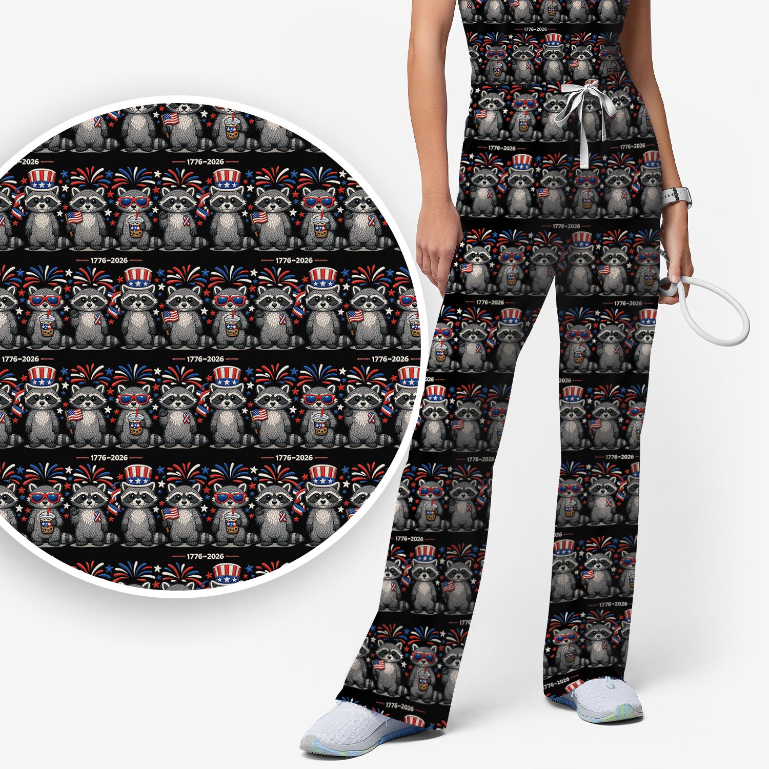 Patriotic Raccoon Fireworks Stripe Pattern Scrub Set, Scrub Pants and V Neck Top