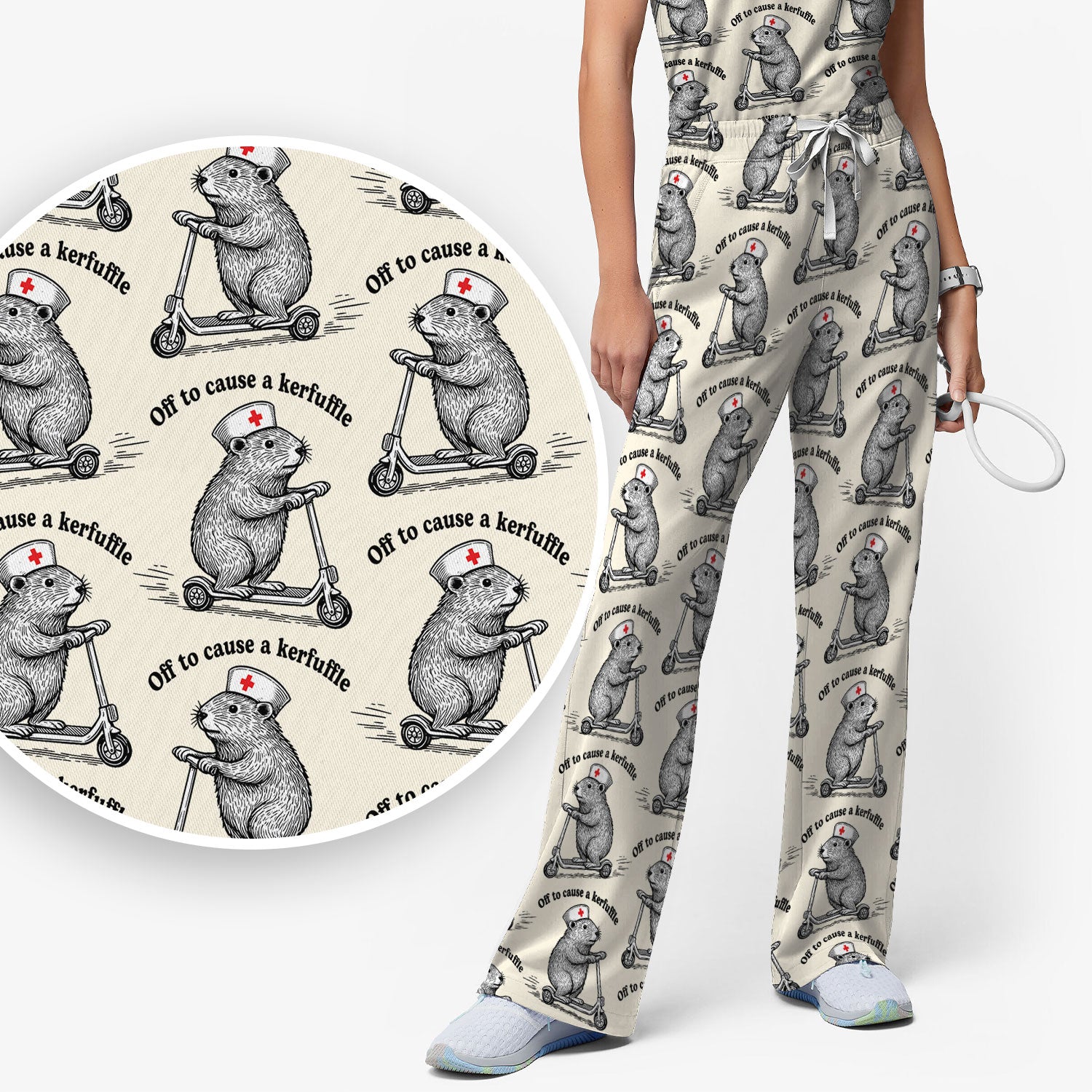 Funny Nurse Mouse Scooter Print Women's Scrub Set, Scrub Pants and V Neck Top