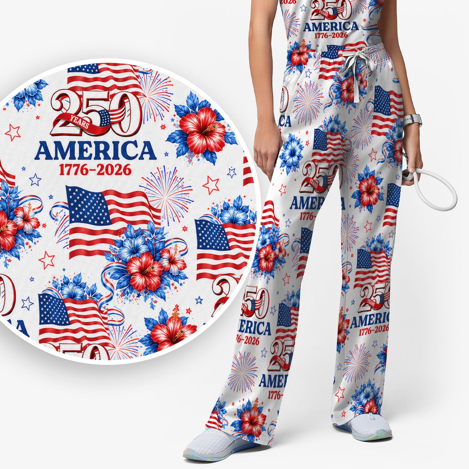 America 250 with Flag Firework Pattern Scrub Set, Scrub Pants and V Neck Top