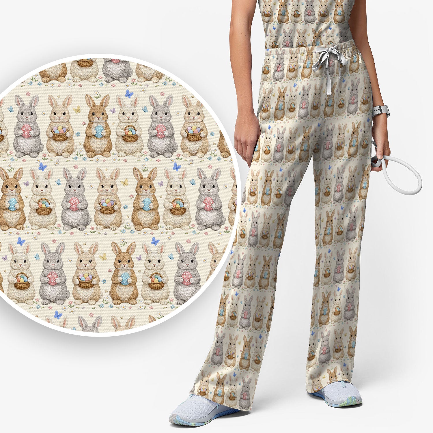 Easter Bunny Basket Pastel Print Sets, Scrub Pants and V Neck Top