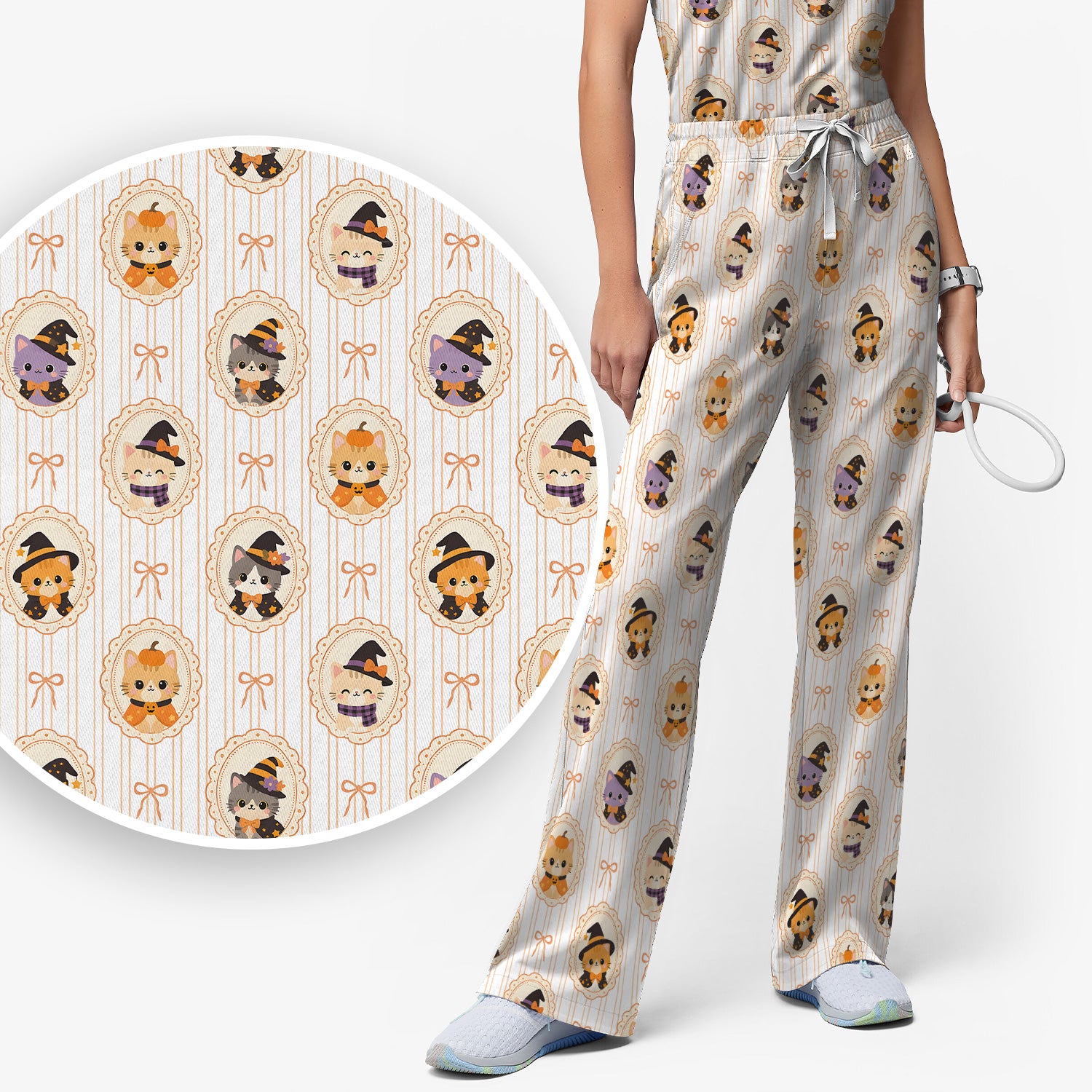 Cute Halloween Cat Stripe Pattern Scrub Set, Scrub Pants and V Neck Top
