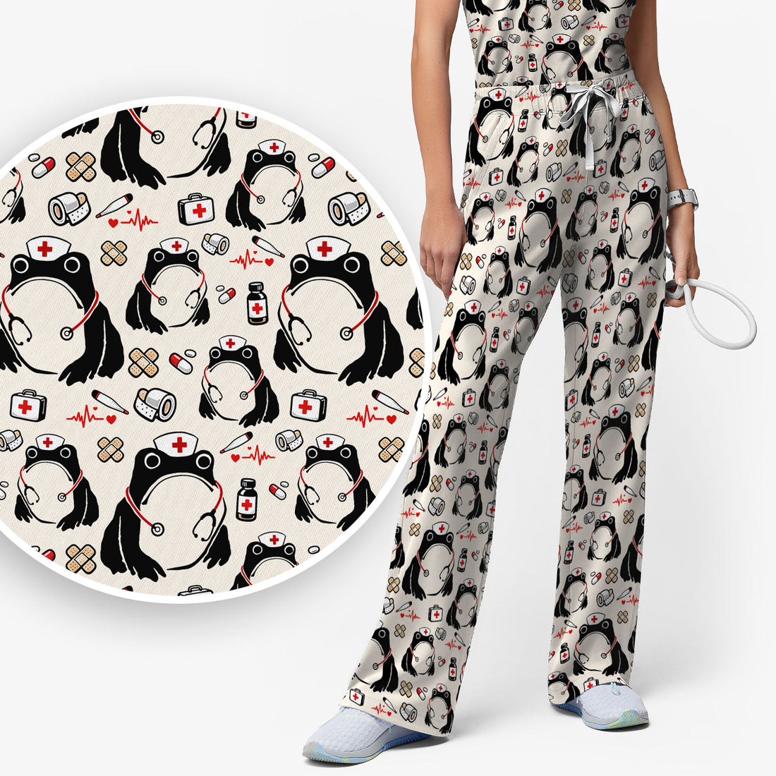 Cute Frog Nurse Medical Pattern Scrub Set, Breathable Med Uniform