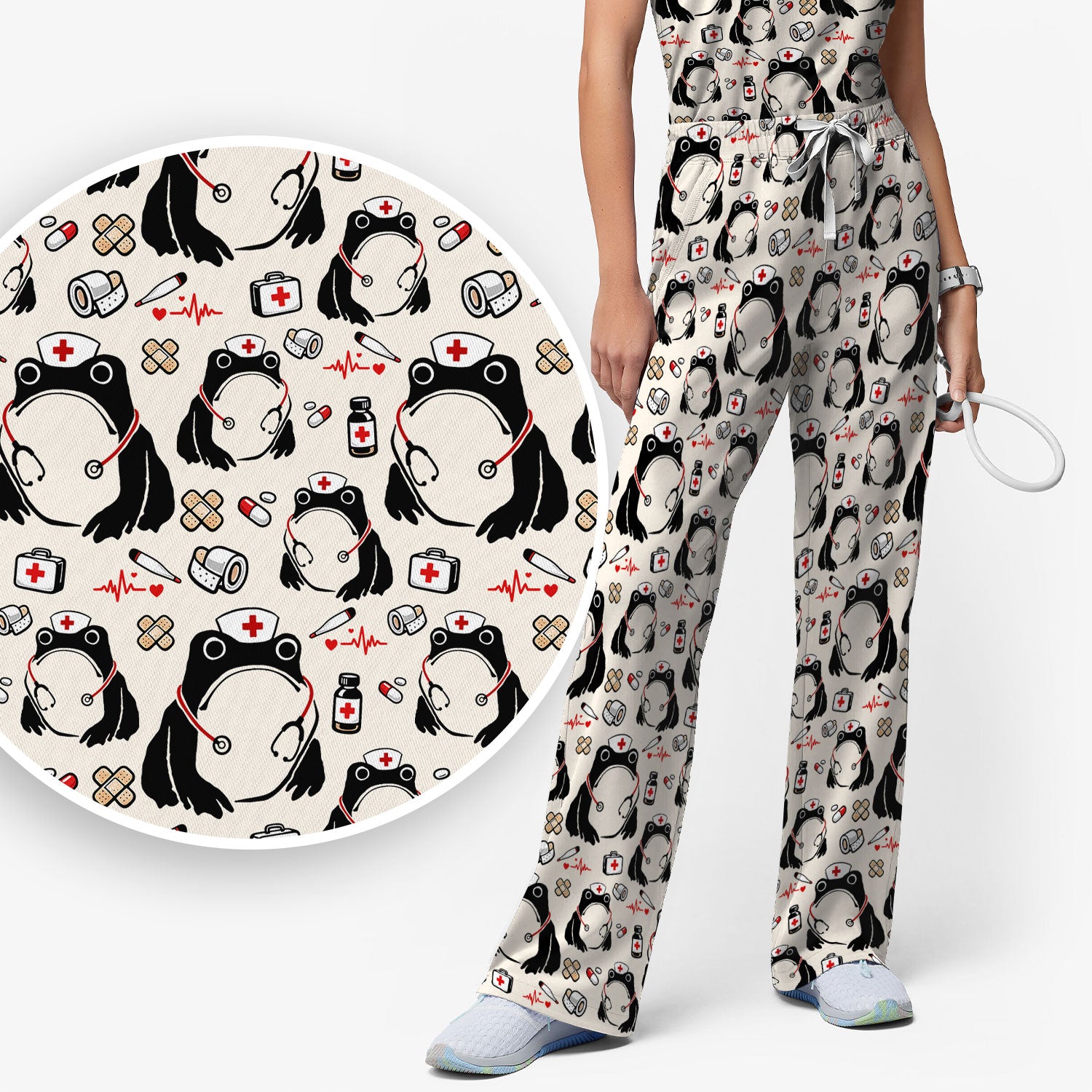 Cute Frog Nurse Medical Pattern Scrub Set, Breathable Med Uniform