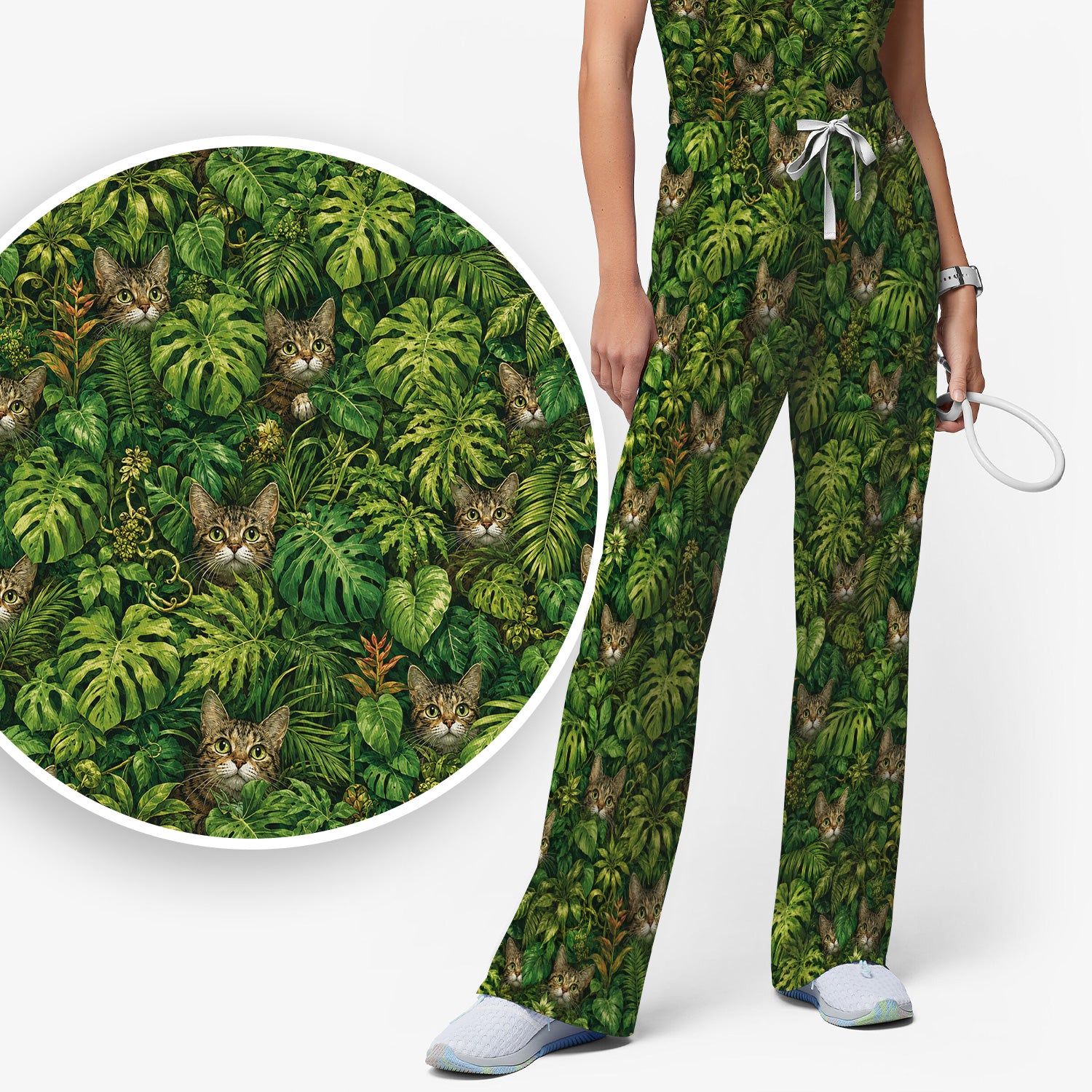 Hidden Jungle Cat Veterinary Nurse Pattern Scrub Set, Scrub Pants and V Neck Top