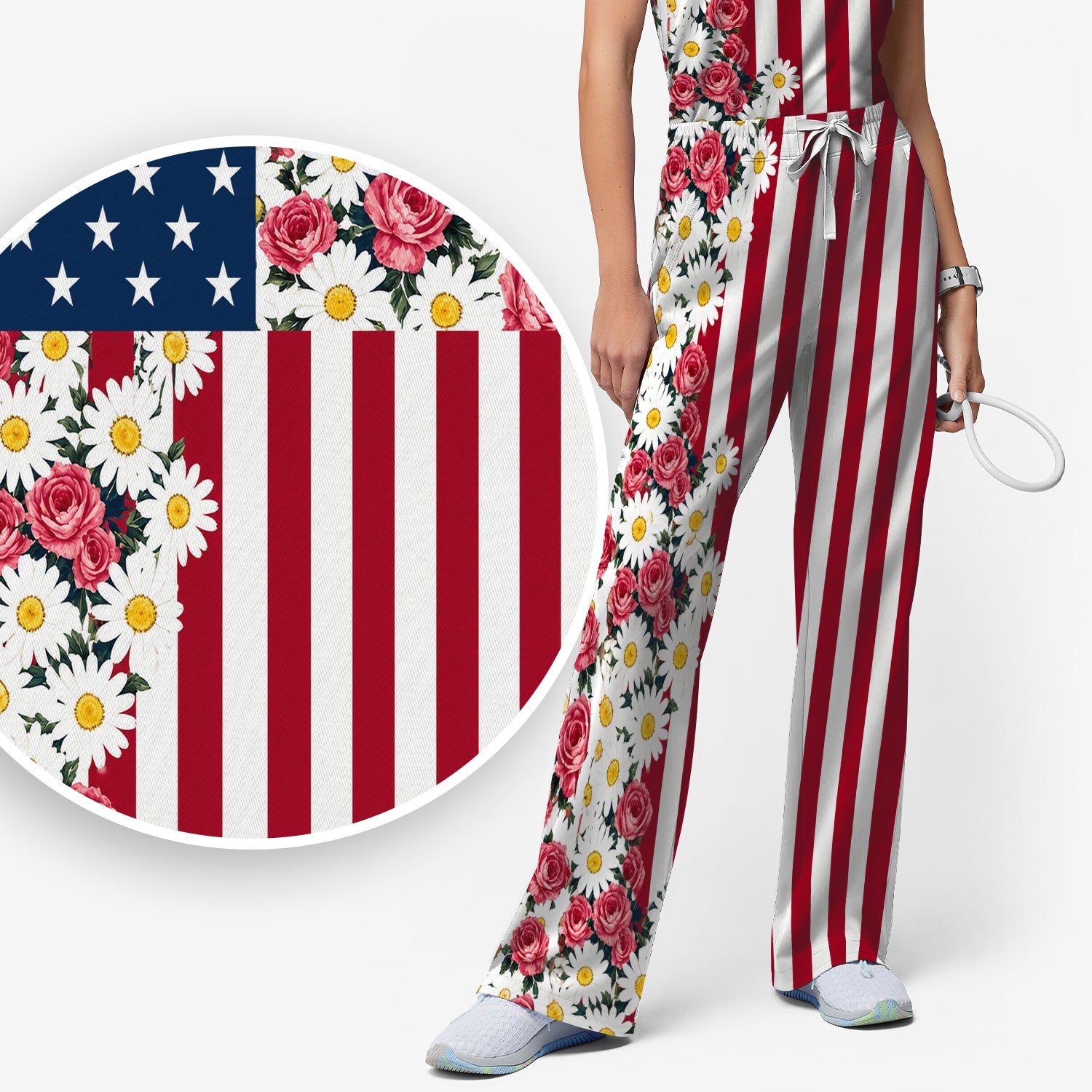 Floral American Flag Nurse Scrub Top for RN, CNA, Healthcare Workers, Patriotic Uniform Scrub Set, Scrub Pants and V Neck Top