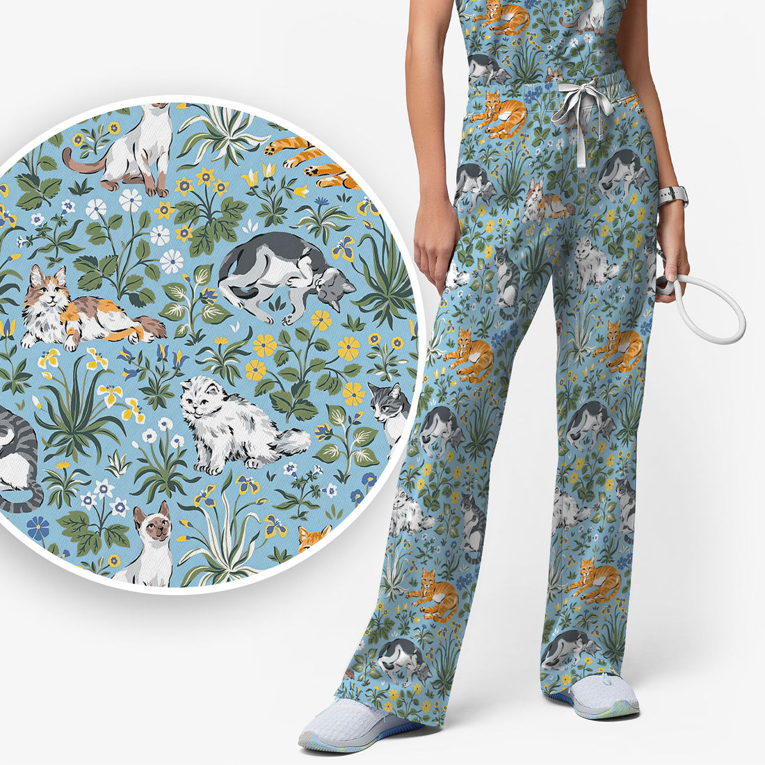 Floral Cat Garden Medical Pattern Scrub Set, Women's Scrub Sets