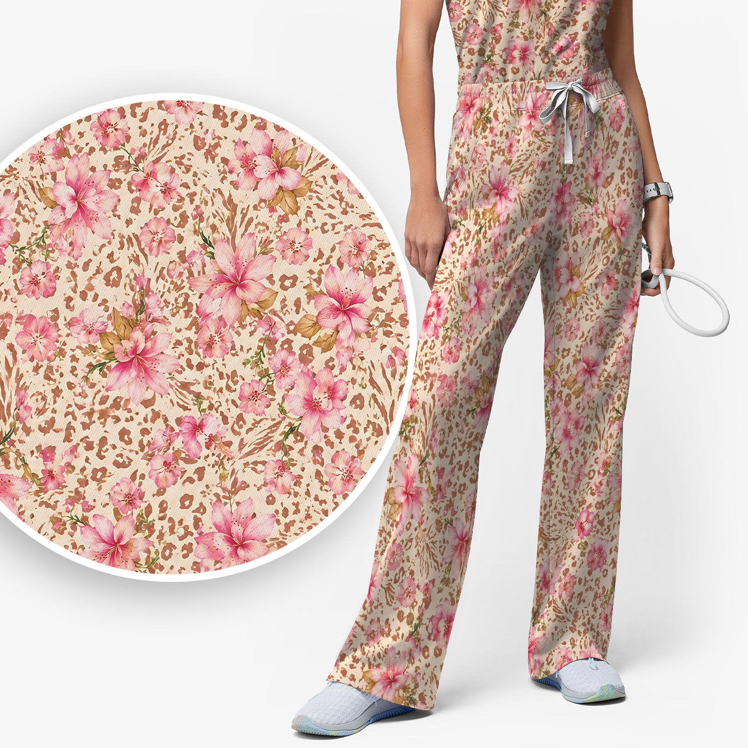 Pink Floral Leopard Print Pattern Scrub Set, Scrub Pants and V Neck Top