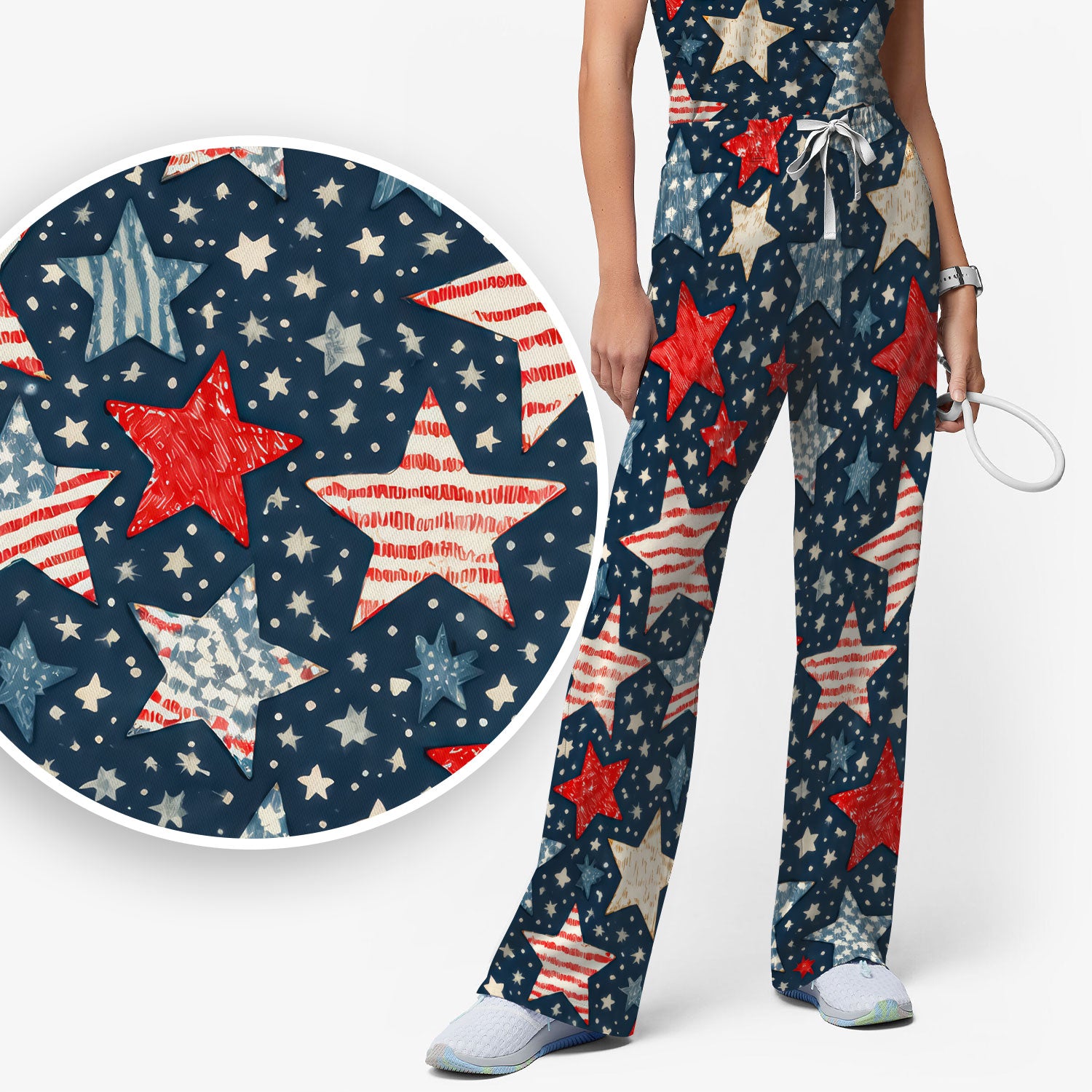 Patriotic Star Pattern Women's Scrub Set, Scrub Pants and V Neck Top