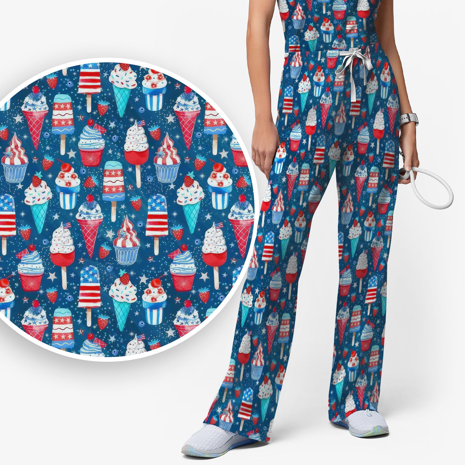 Cute Patriotic Ice Cream Popsicles With USA Flag Dessert Scrub Set, Scrub Pants and V Neck Top
