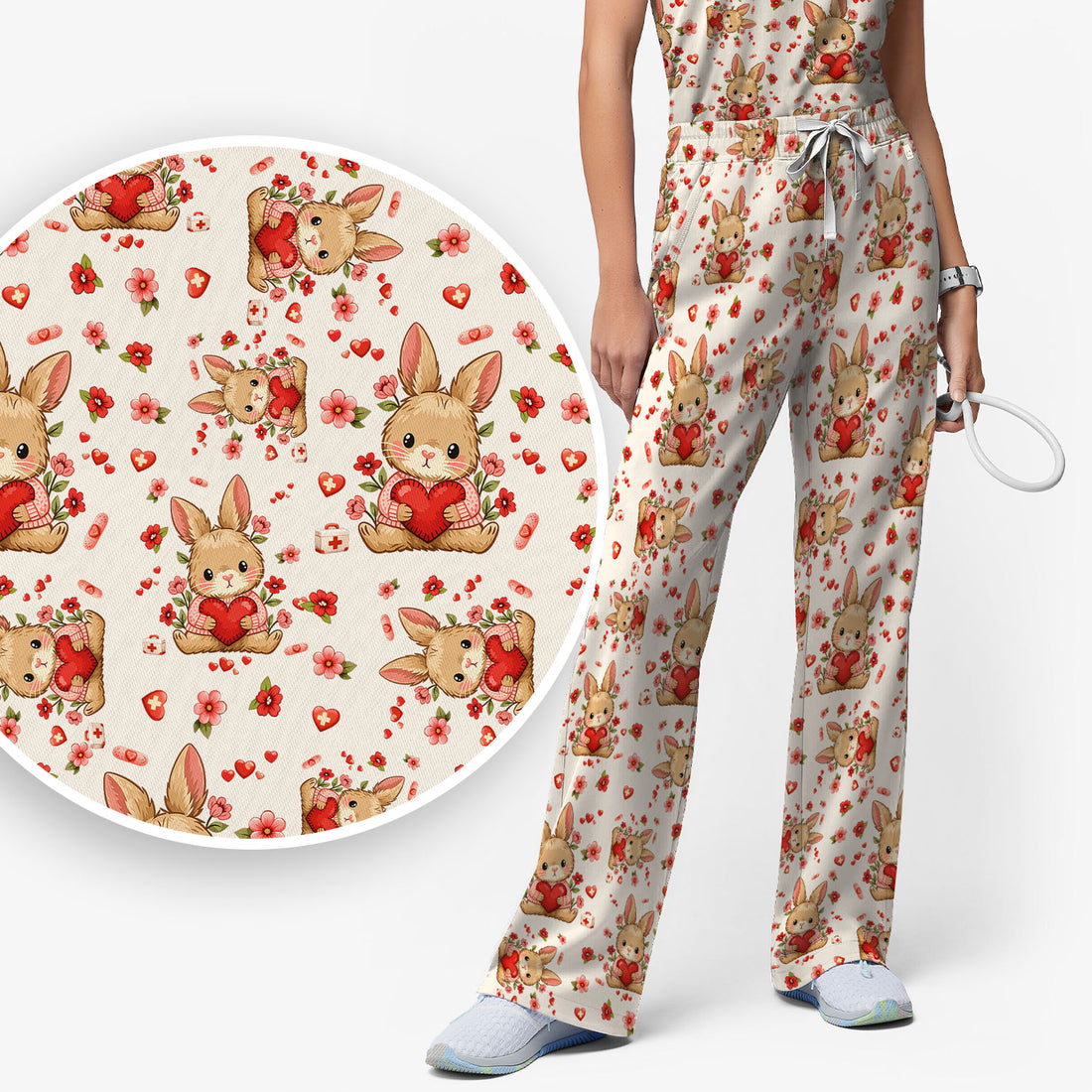 Adorable Bunny Heart Healthcare Design Scrub, Breathable Med Uniform