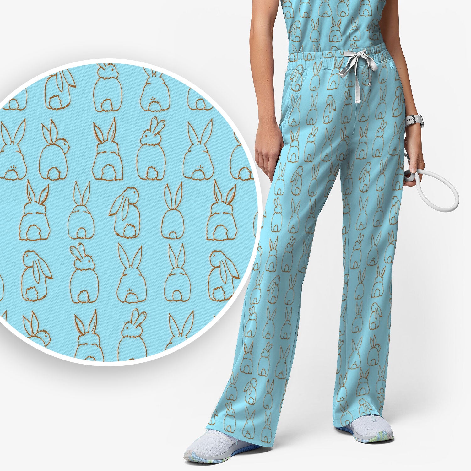 Cartoon Bunny Line Art Pattern Medical Scrub Set, Breathable Med Uniform