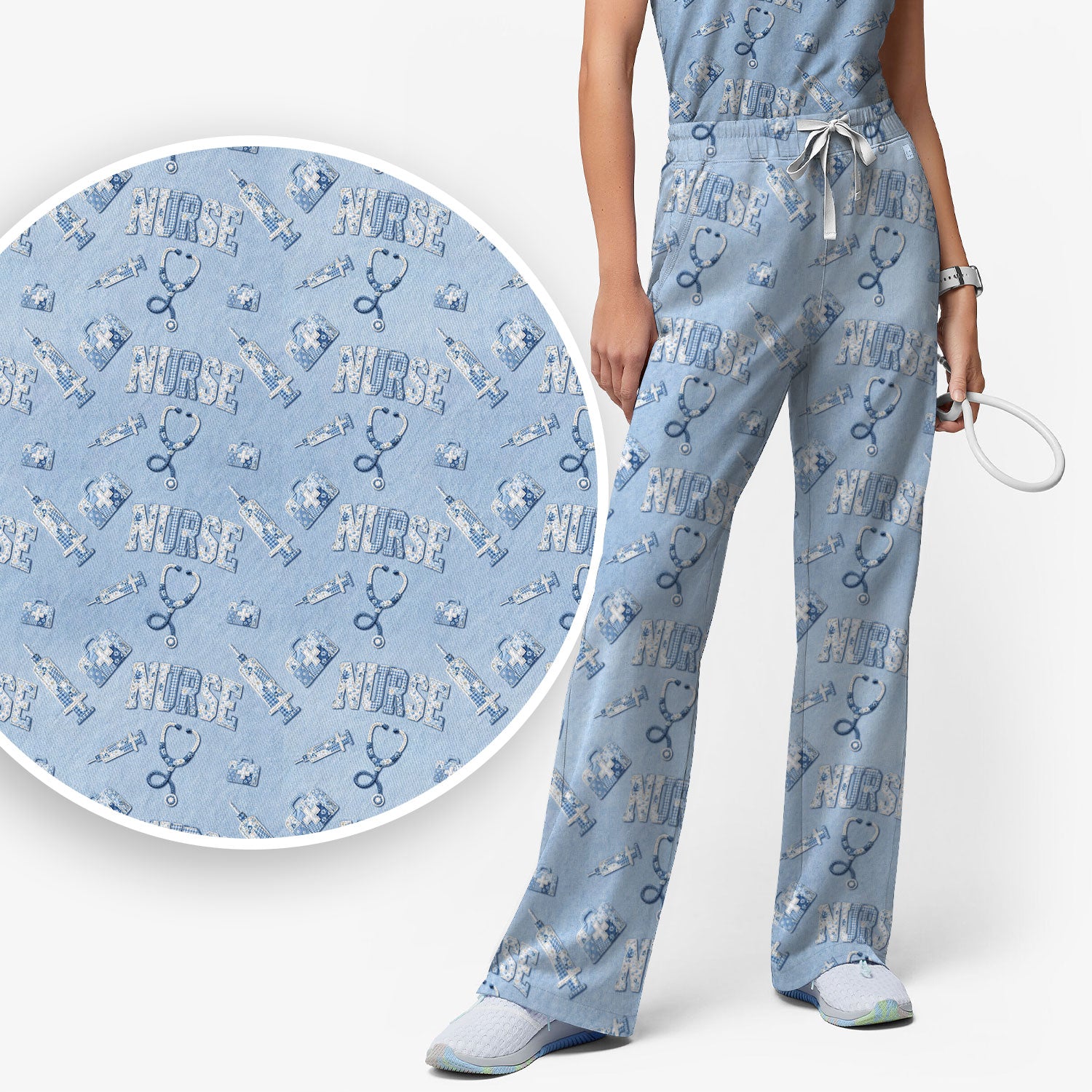 Blue Nurse Medical Pattern Scrub Set, Scrub Pants and V Neck Top