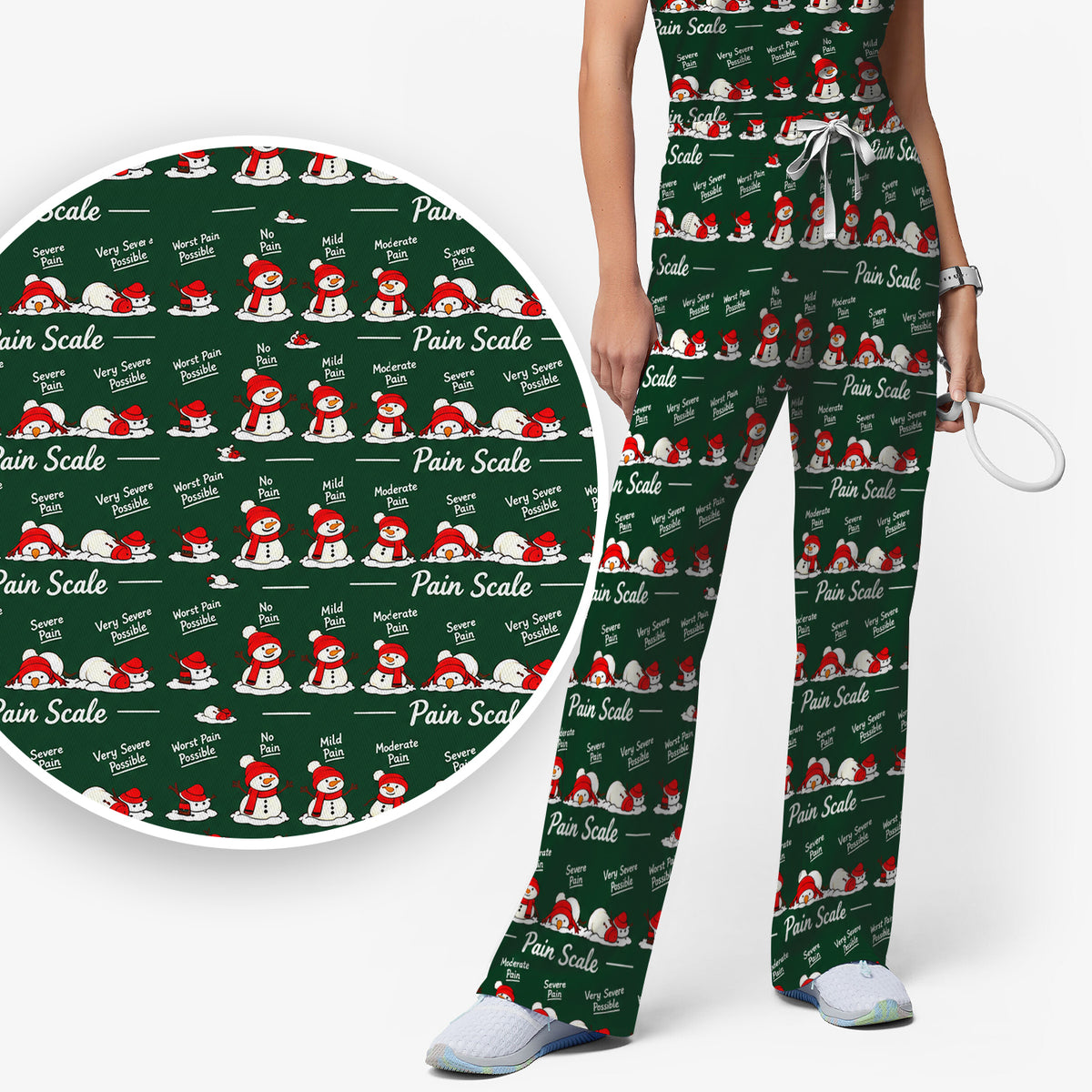 Funny Christmas Snowman Pain Scale Scrub Set, Scrub Pants and V Neck Top