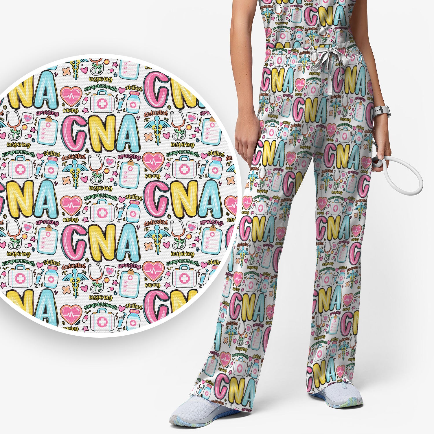 CNA Nurse Appreciation Pattern Scrub Set, Breathable Med Uniform